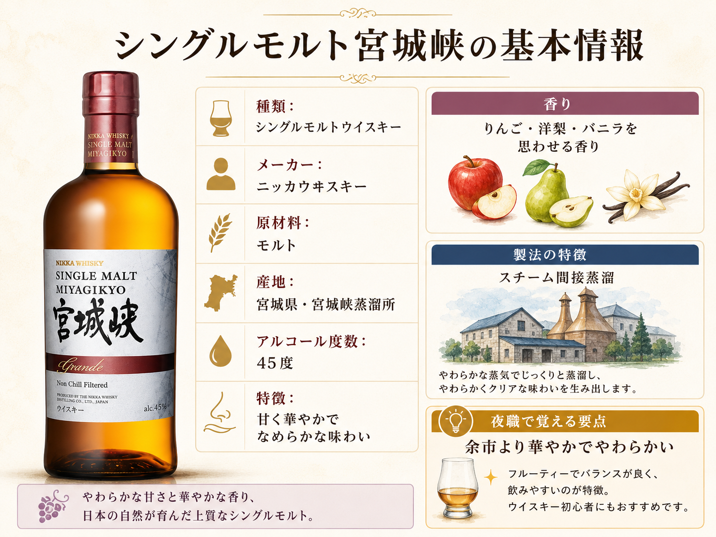 シングルモルト宮城峡の基本情報・45度・スチーム間接蒸溜・味と香り・夜職で覚えておきたいポイントをまとめた図解