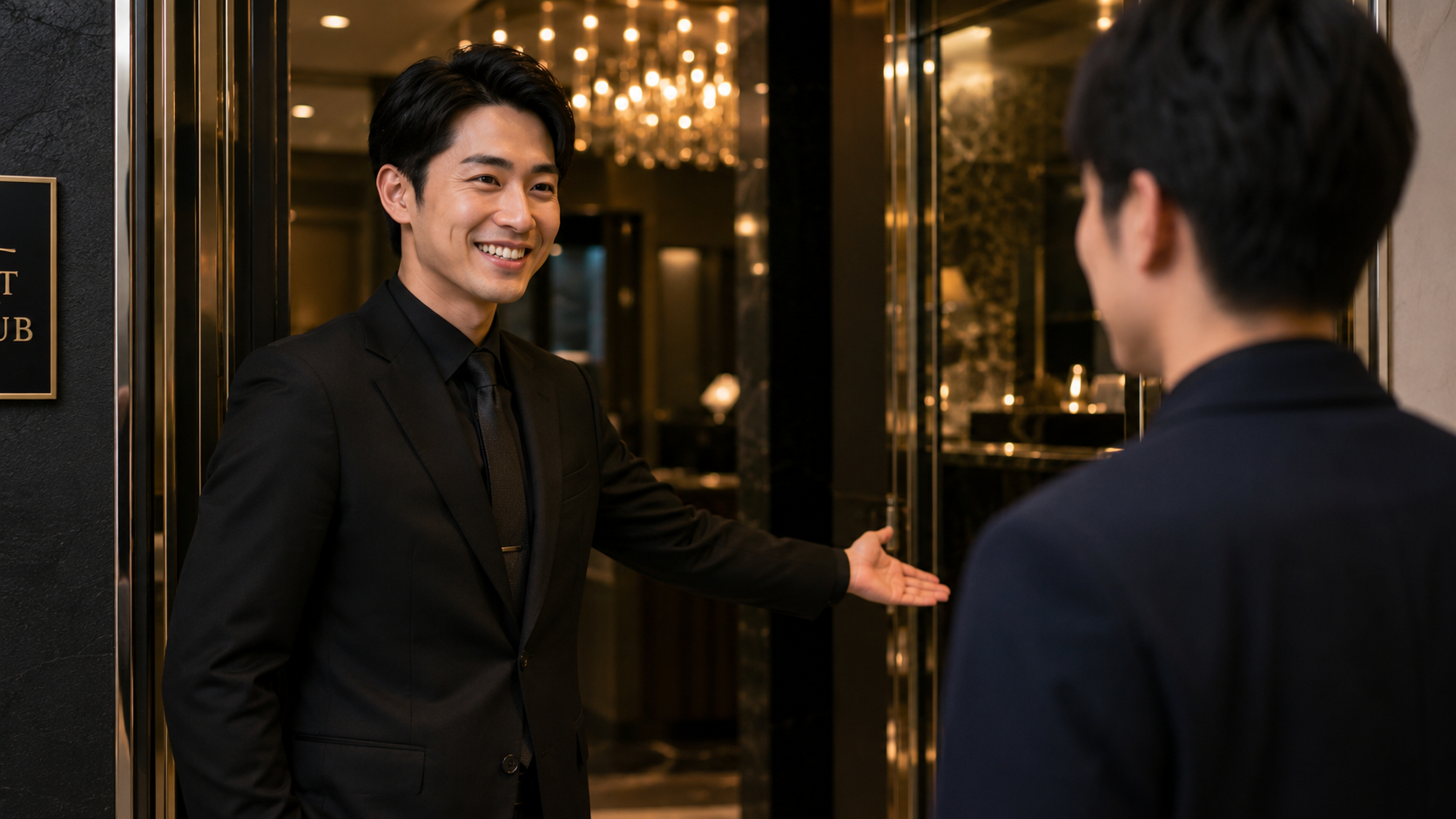 店舗入口で笑顔でお客様を迎え店内へ案内する黒服スタッフのイメージ
