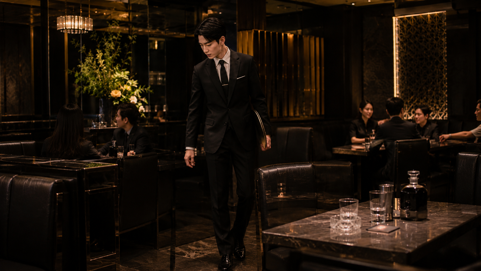 複数のテーブルと店内全体の状況を確認する黒服スタッフのイメージ