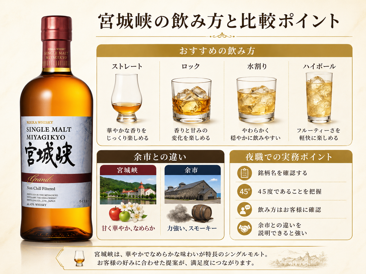 シングルモルト宮城峡のストレート・ロック・水割り・ハイボールの飲み方と余市との違い・夜職での実務ポイントをまとめた図解