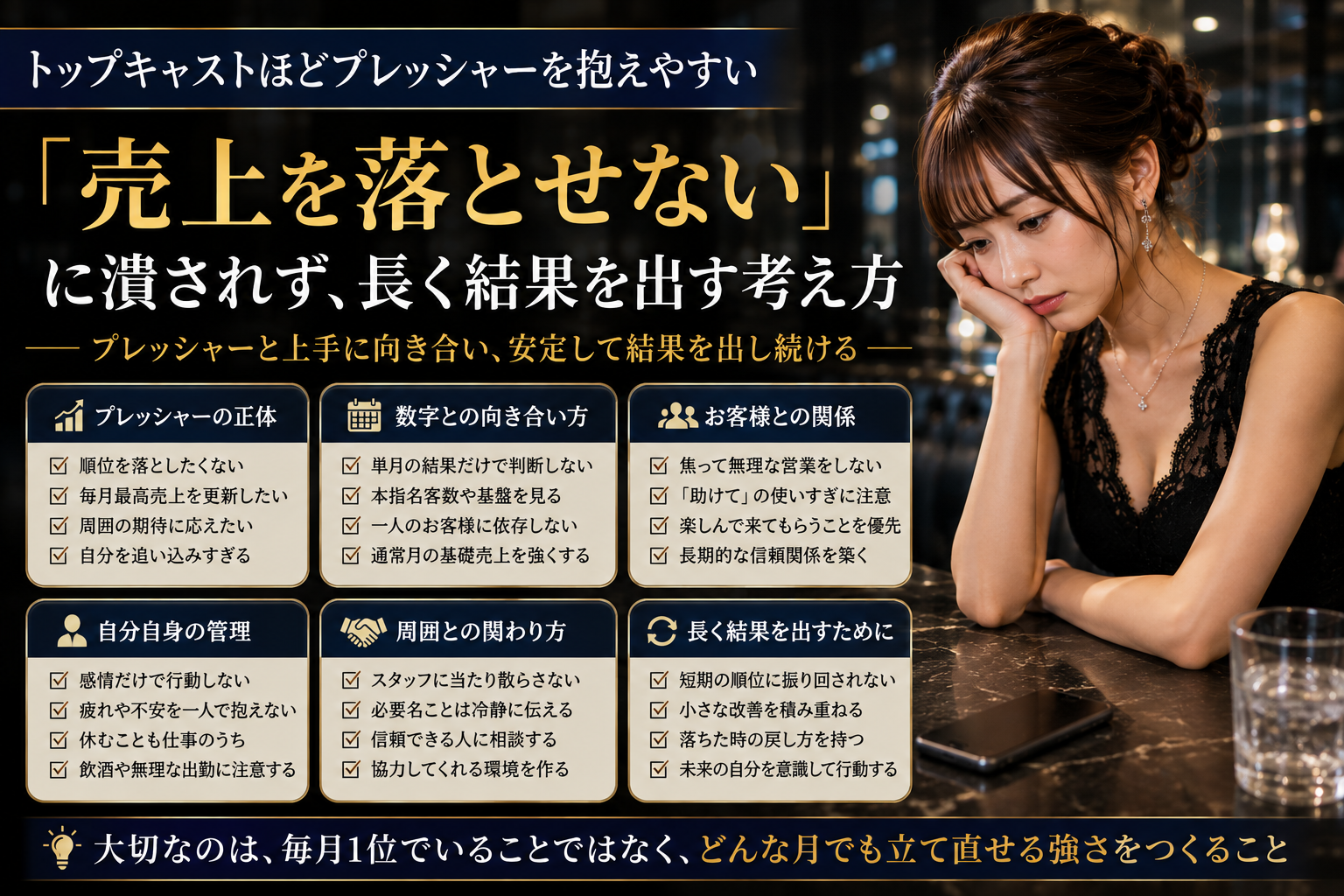 トップキャストが売上を落とせないプレッシャーと向き合い、数字・顧客関係・自己管理・周囲との連携を整える方法をまとめた図解