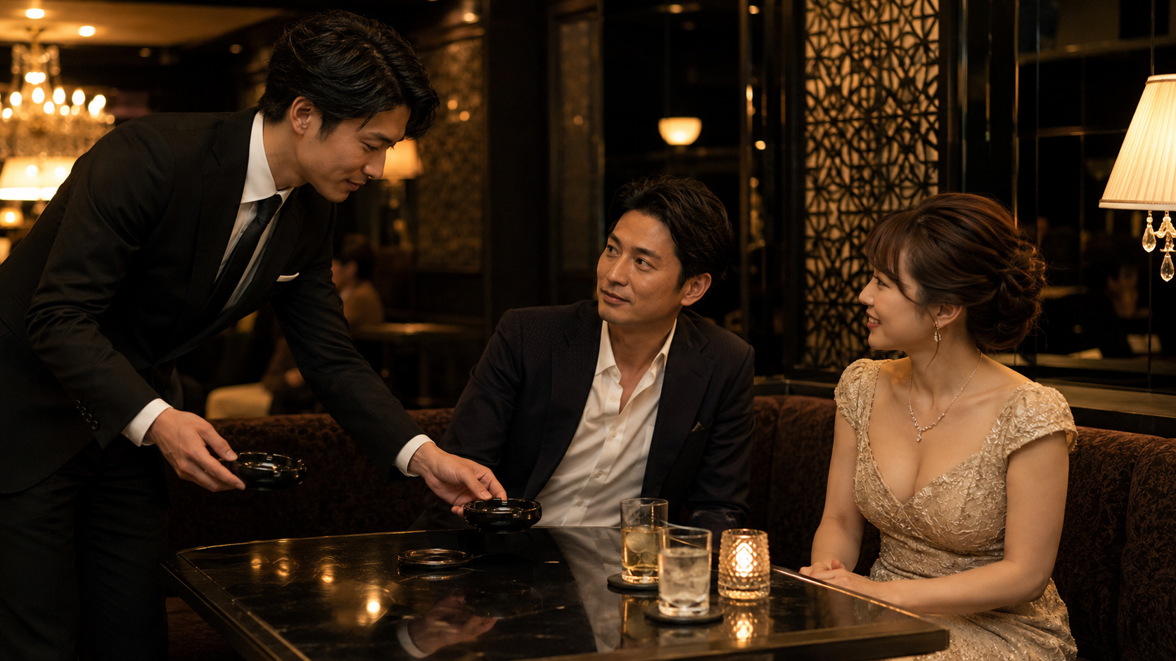 会話を妨げないようタイミングを見て灰皿交換を行う黒服スタッフのイメージ