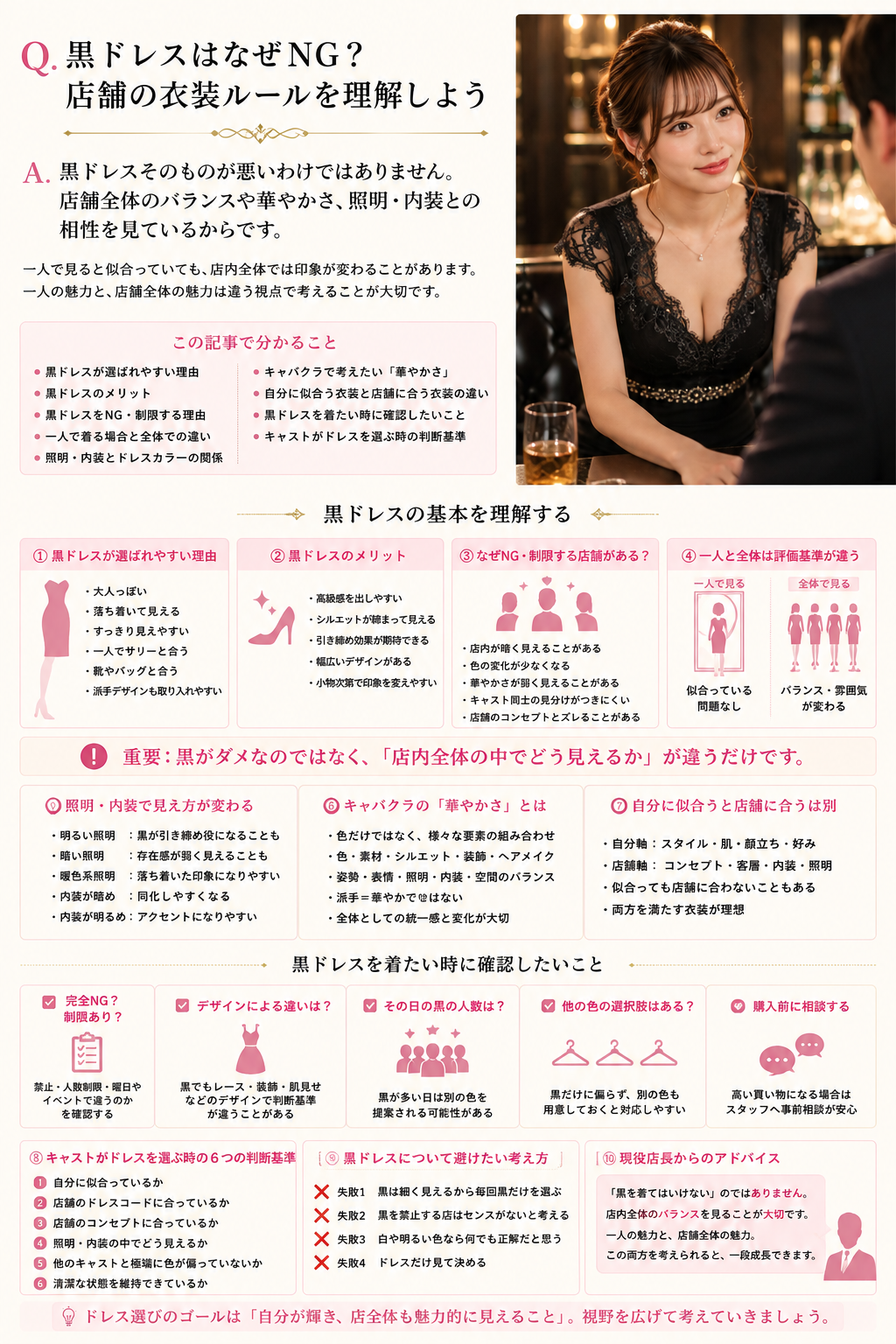 黒ドレスと店舗全体の衣装バランスを考えるキャストのイメージ