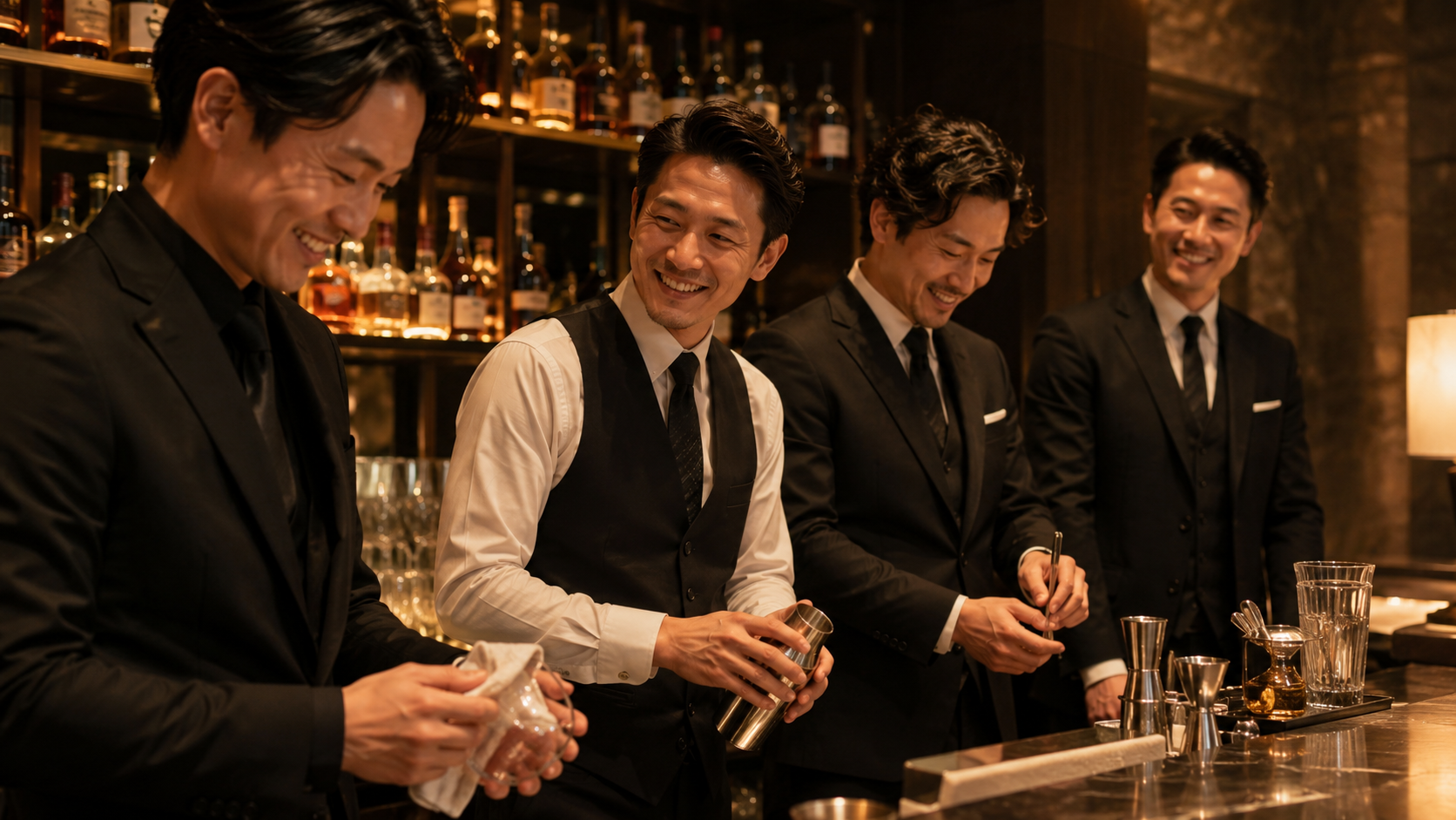 複数の黒服スタッフが店内で連携しながら営業を進めるイメージ