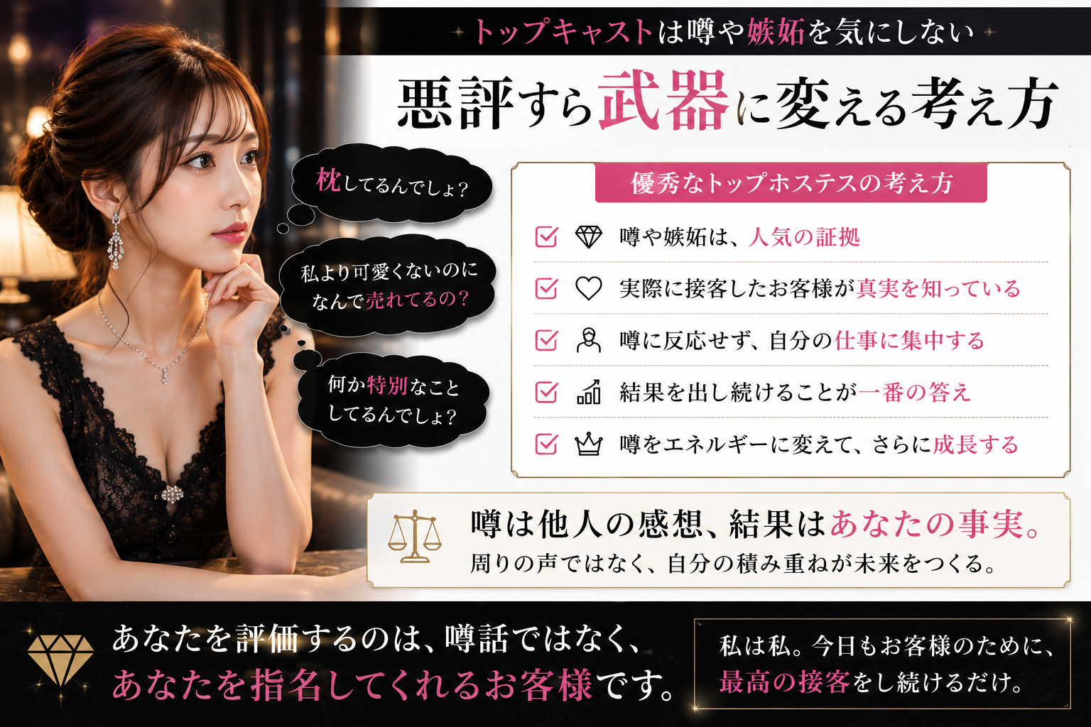トップキャストが噂や嫉妬に振り回されず、悪評を接客・信用・結果へ変えていく考え方をまとめた図解