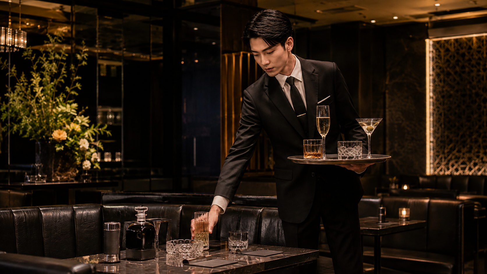 複数のドリンクを安全に運びながら混雑した営業へ対応する黒服スタッフのイメージ