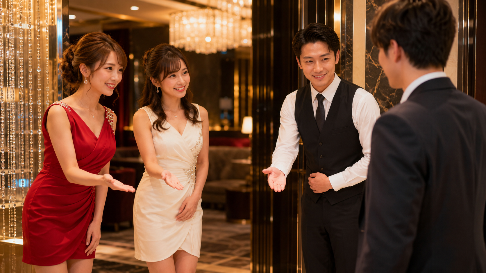キャストとお客様の接客を黒服スタッフが先回りして支える営業イメージ