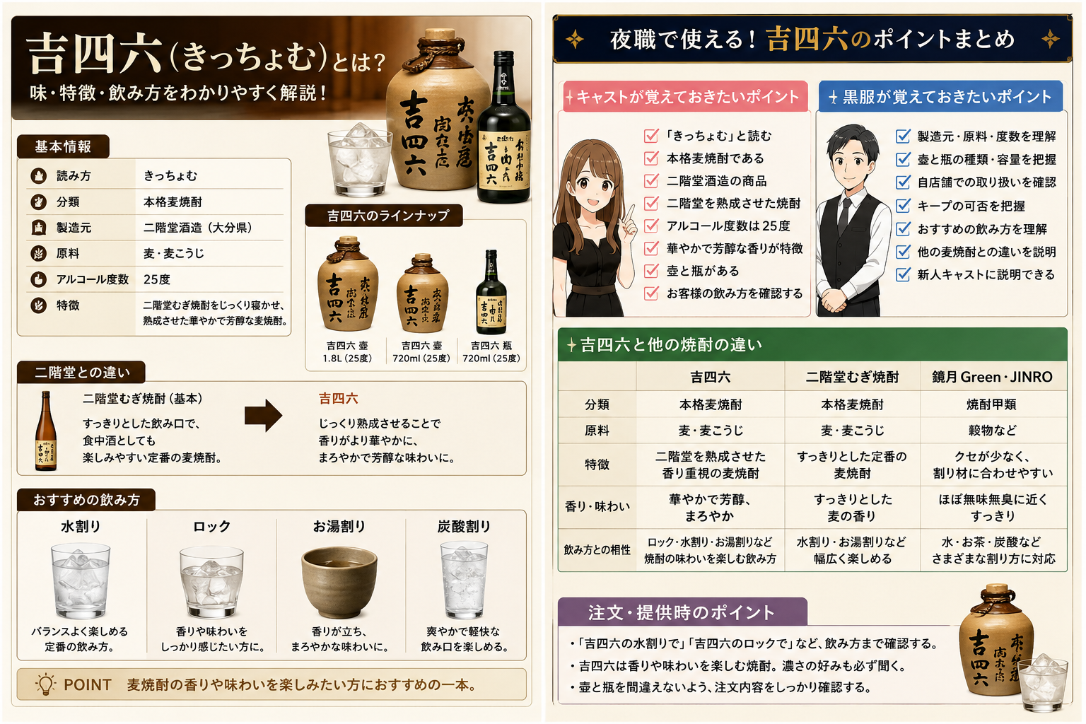 吉四六を夜職で扱う際にキャストと黒服が覚えておきたいポイントをまとめた図解
