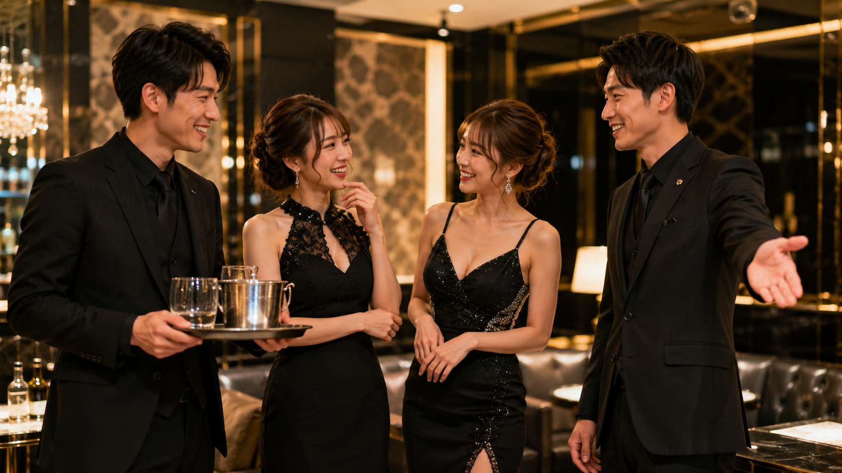 黒服スタッフがキャストのいるテーブルへドリンクを提供する夜職店舗のイメージ