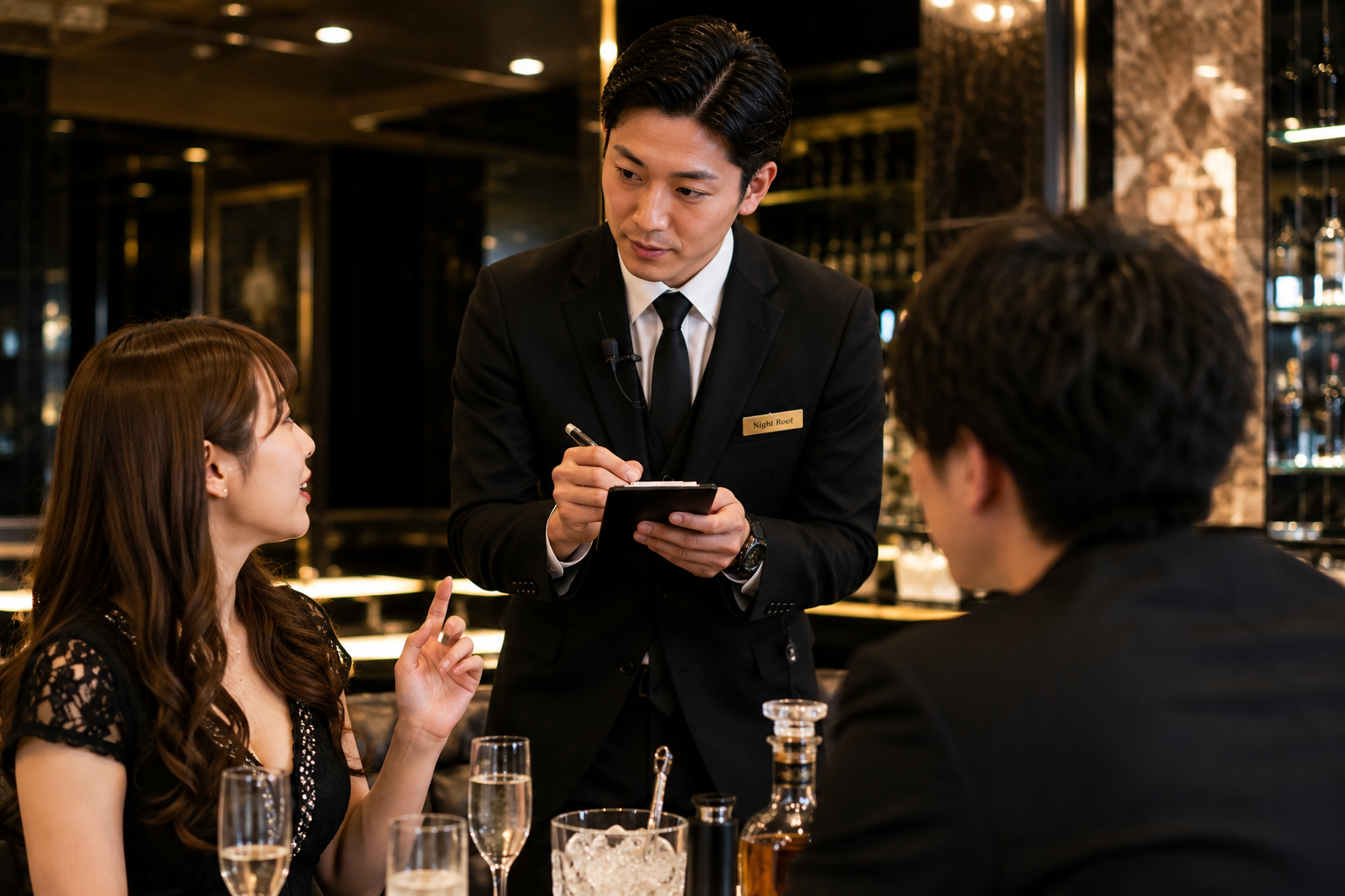 キャバクラの店内でお客様へ対応する黒服・ホールスタッフのイメージ