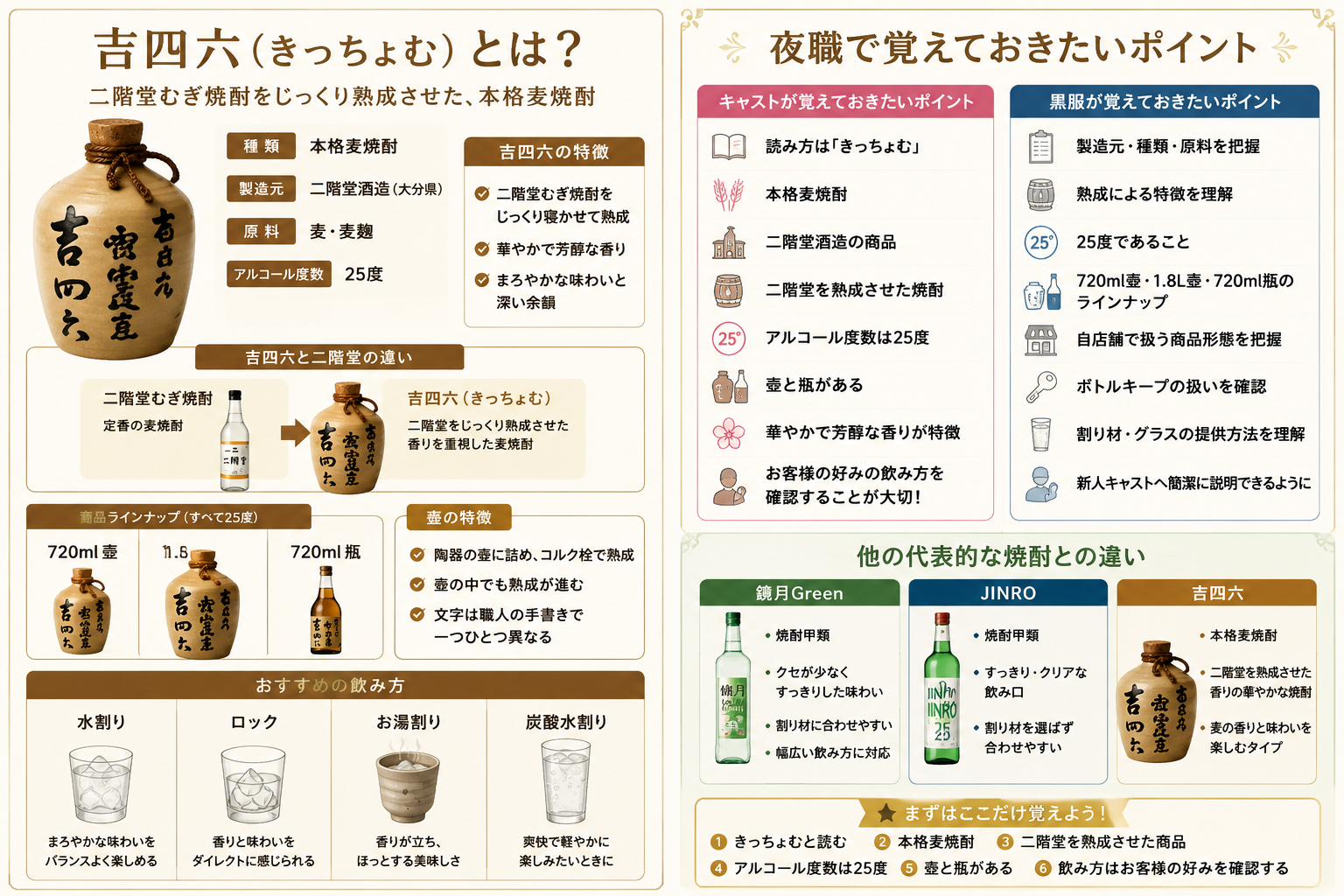 吉四六の基本情報・二階堂との違い・種類・おすすめの飲み方をまとめた図解