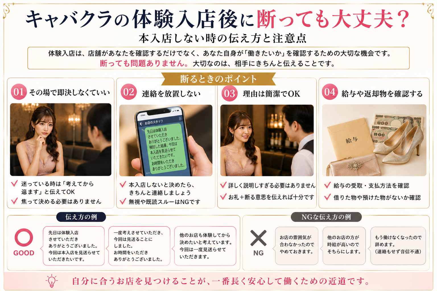 キャバクラの体験入店後に本入店を断る時の伝え方と注意点をまとめた図解