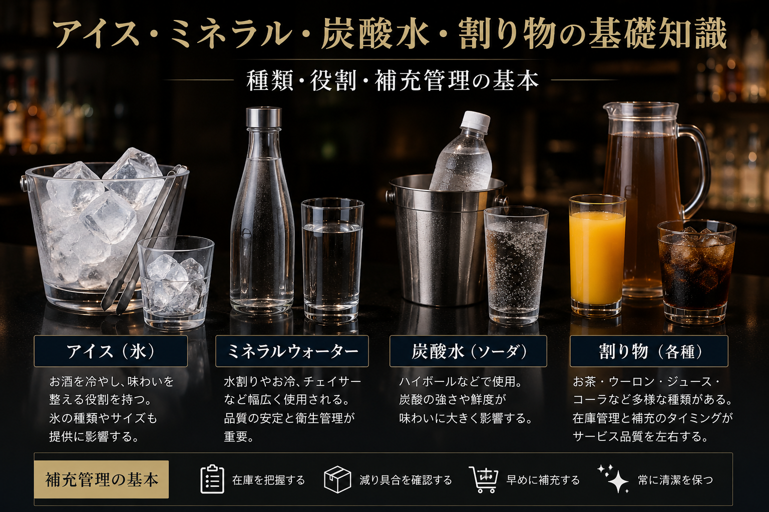 アイス・ミネラルウォーター・炭酸水・お茶やジュースなどの割り物と補充管理の基本を示したイメージ