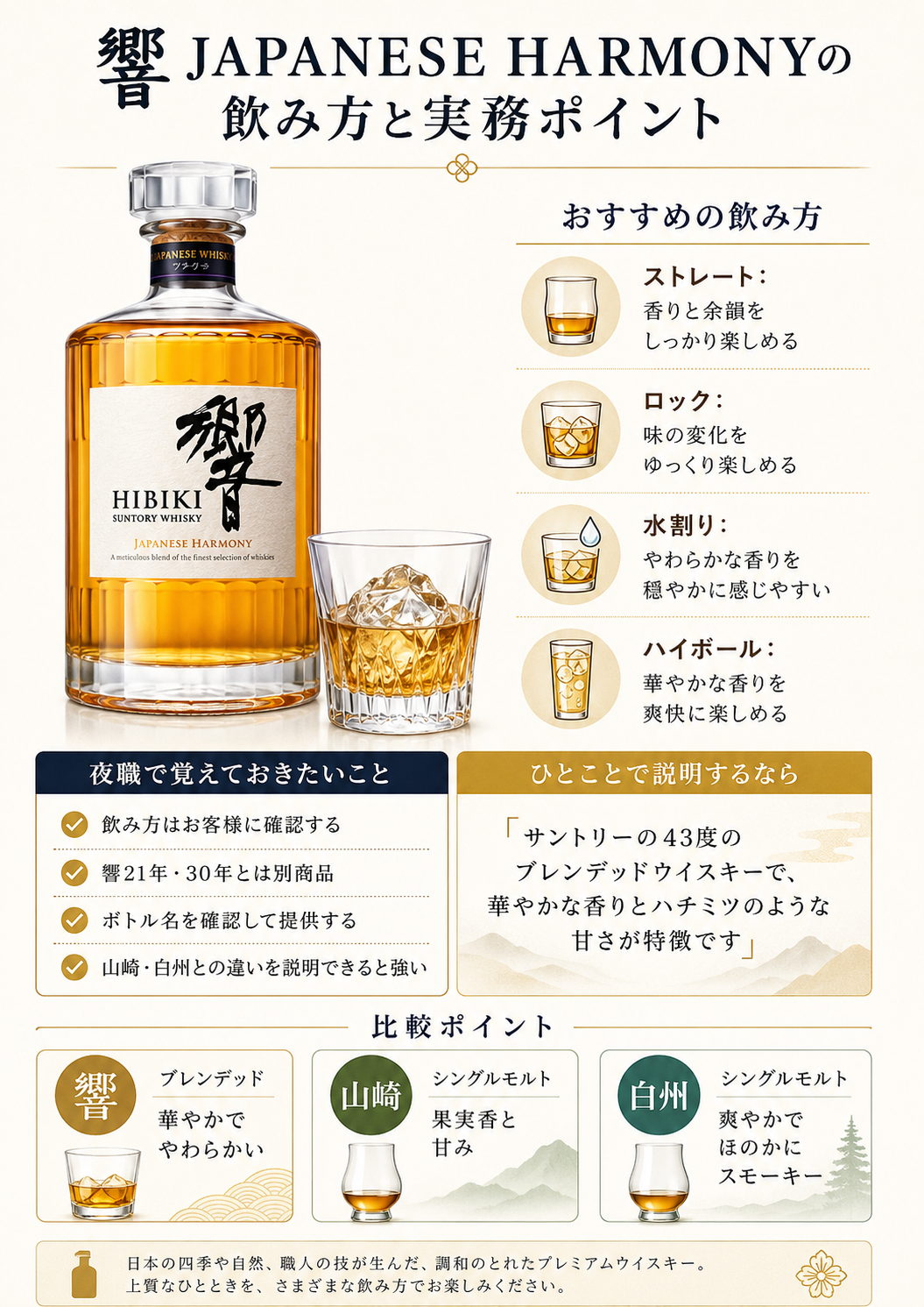 響 JAPANESE HARMONYのストレート・ロック・水割り・ハイボールの飲み方と山崎・白州との違いをまとめた図解