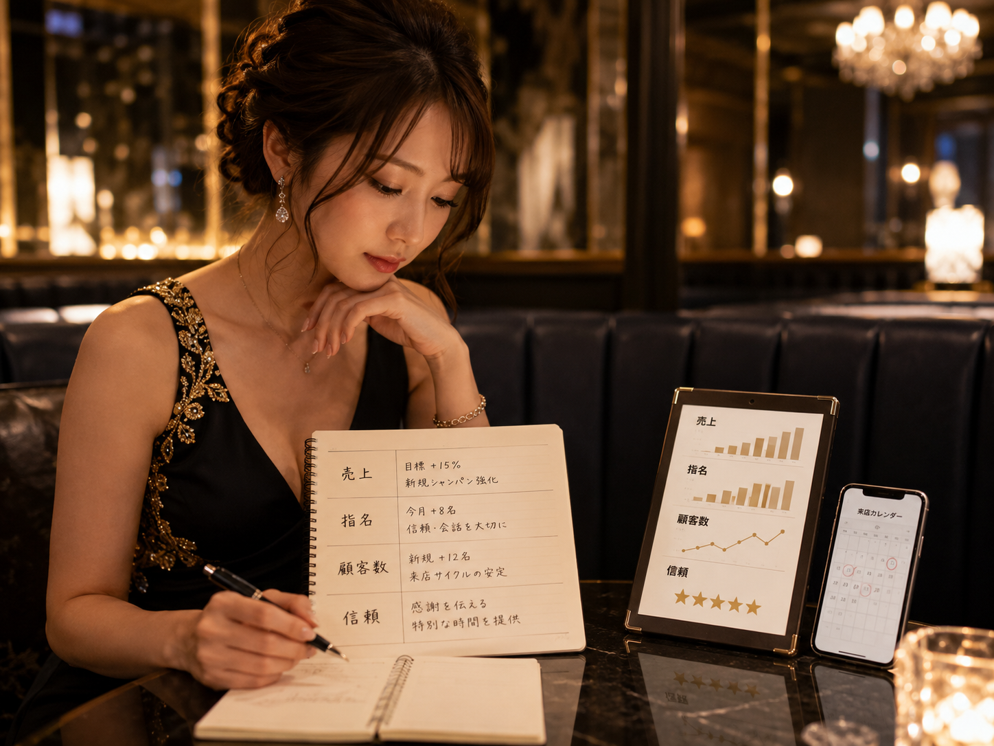 キャバクラの売上を支える信頼・顧客・新規指名・再来店の関係を解説する図解
