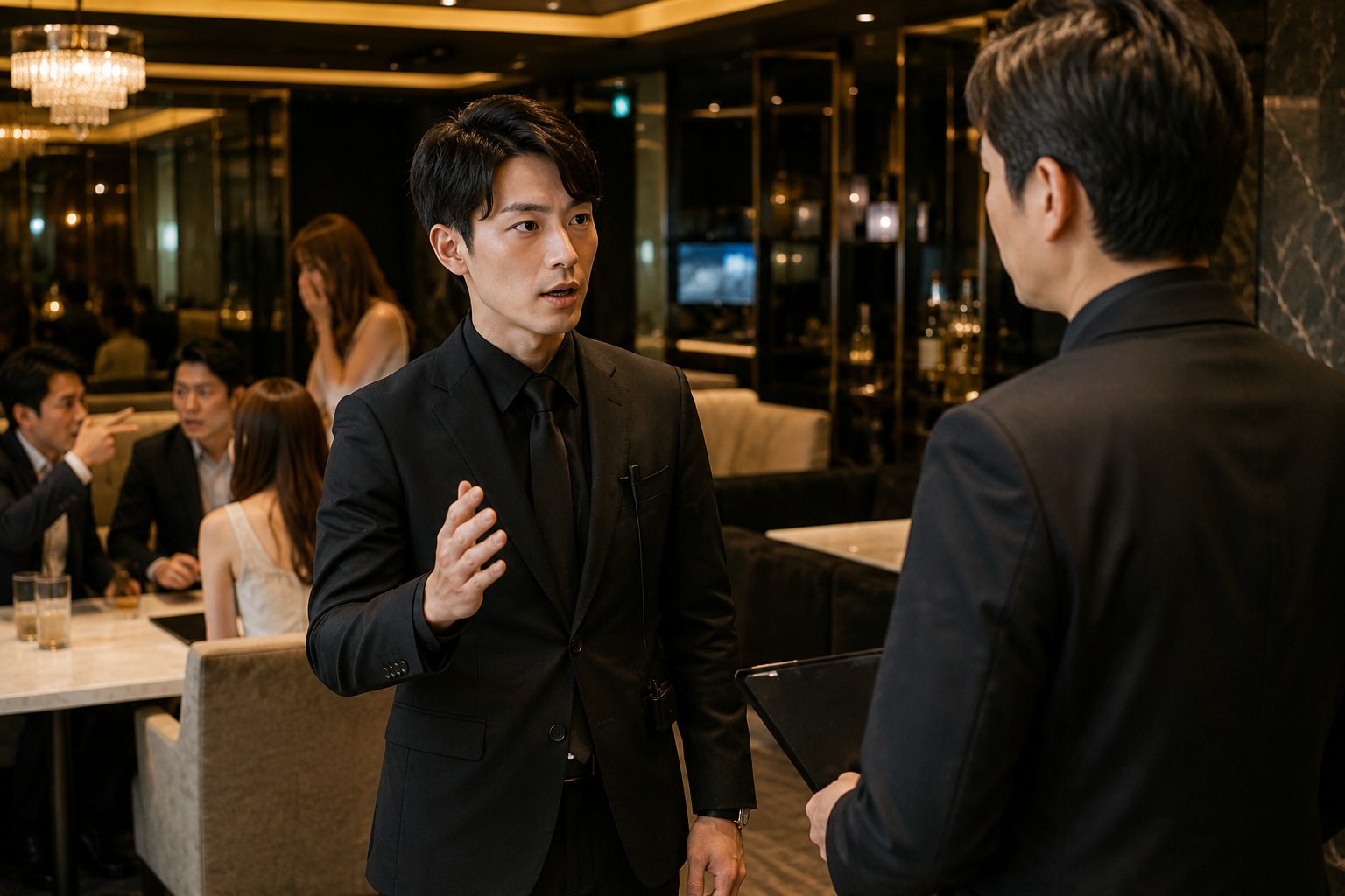 営業中のトラブルについて黒服スタッフが責任者へ状況を報告する夜職店舗のイメージ