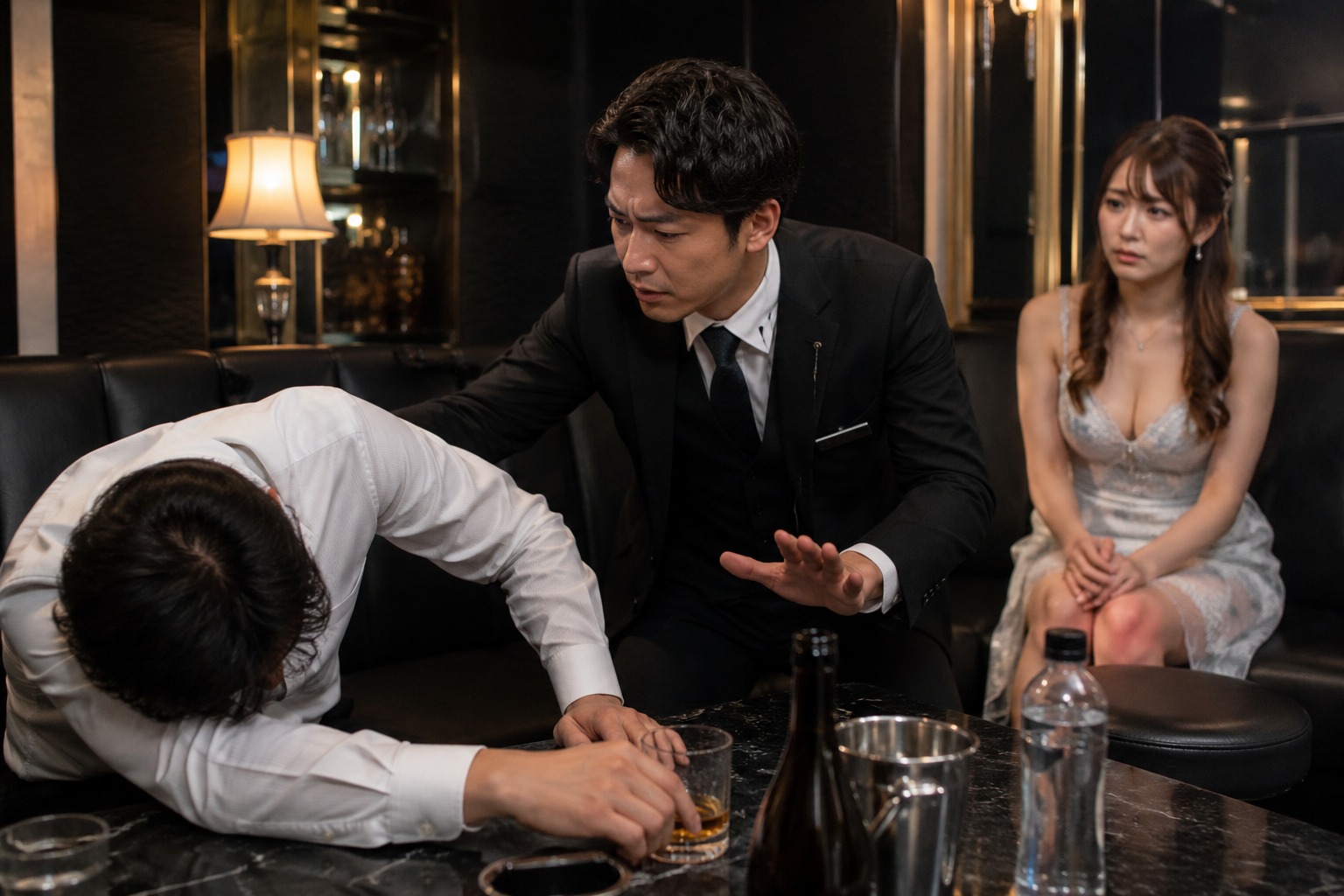 泥酔したお客様を一人にせず状態を確認する黒服スタッフとキャスト