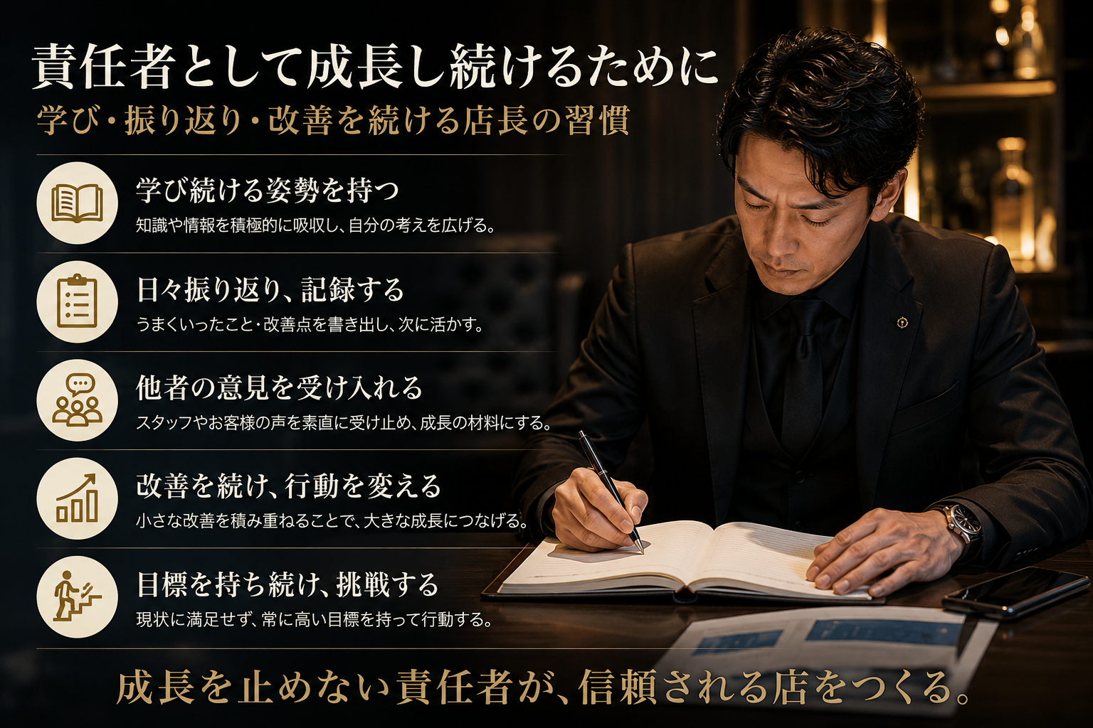 営業後に店長や責任者が一日の結果を振り返り、次の改善を考えるイメージ
