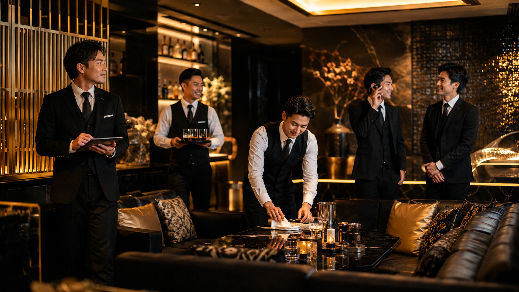 複数の黒服スタッフが笑顔で連携しながら営業するチームワークのイメージ