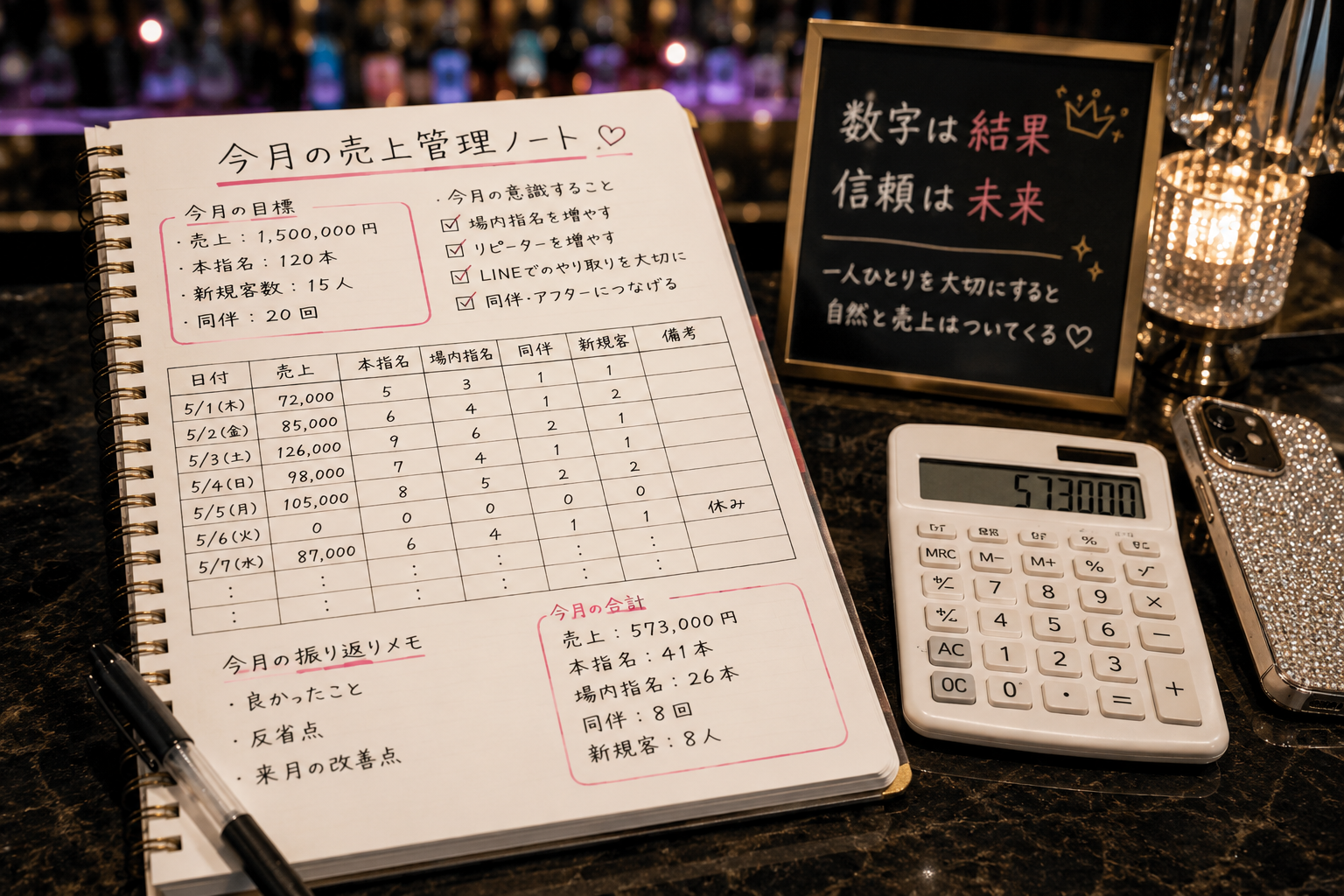 キャバクラの売上や顧客数など毎月の数字を確認するキャストのイメージ
