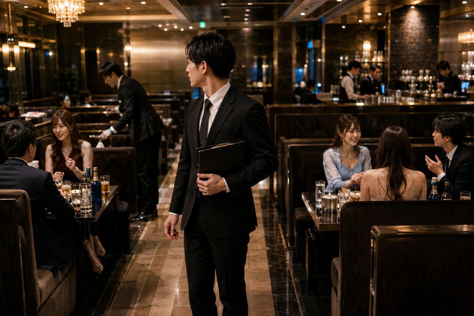 店内通路を巡回しながら左右の複数テーブルの状況を確認する黒服スタッフのイメージ