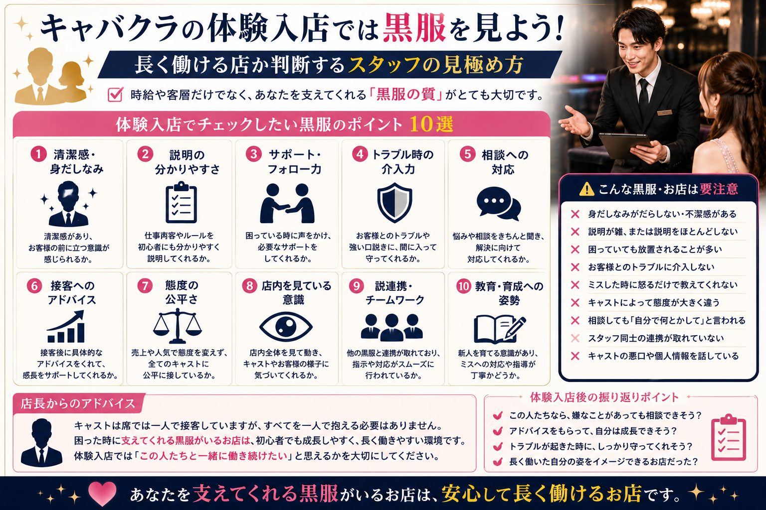 キャバクラの体験入店で確認したい黒服のサポート力や対応をまとめた図解