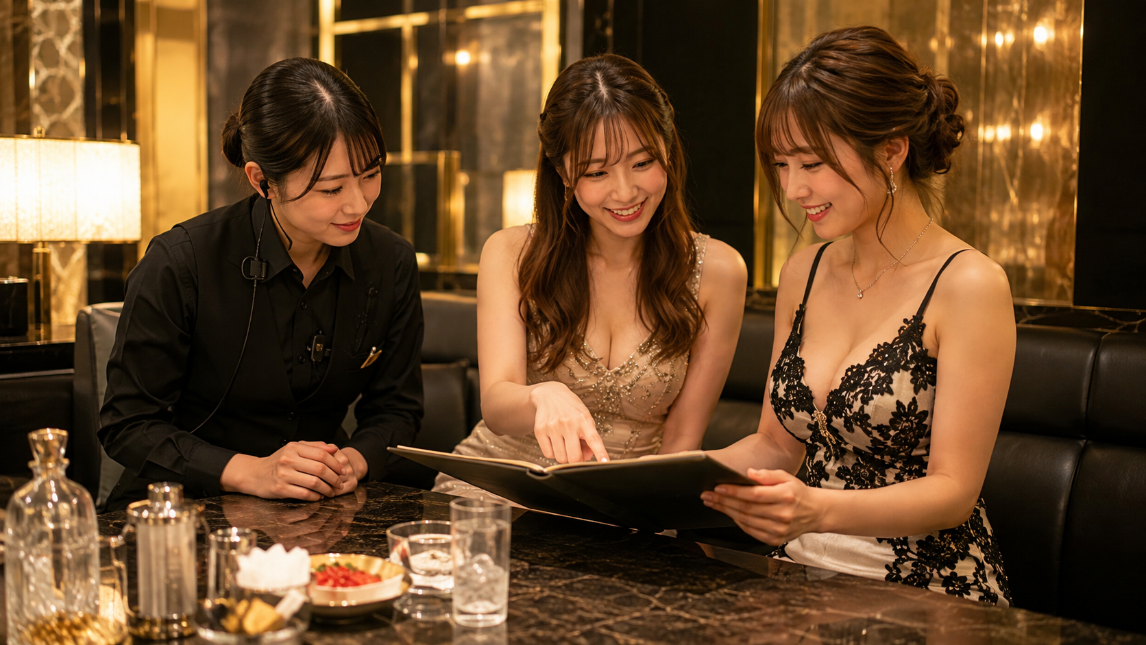 黒服とキャストが笑顔で連携しながら落ち着いて営業するイメージ