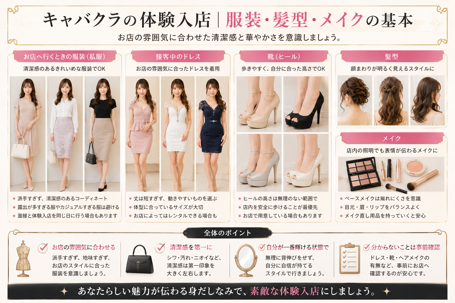 キャバクラの体験入店で準備したい服装・ドレス・靴・髪型・メイクをまとめた図解