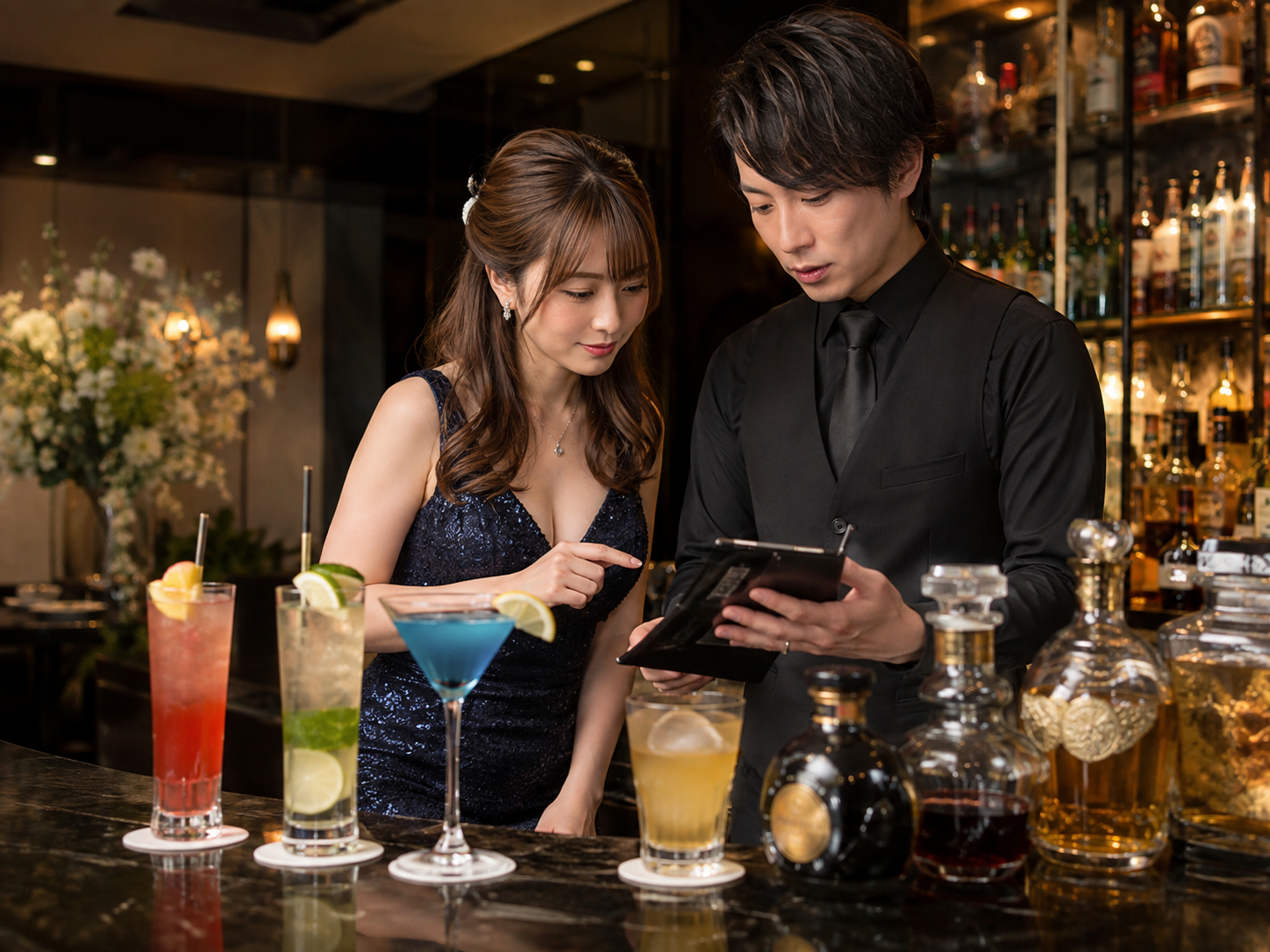 黒服スタッフとキャストがカクテルやリキュールを確認する夜職店舗のイメージ