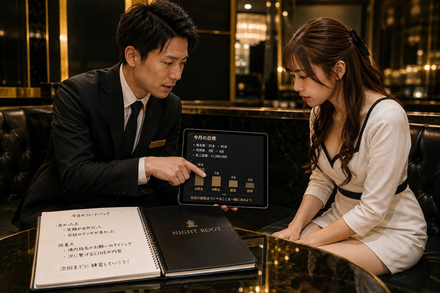 店長や黒服がキャストへ接客や営業のフィードバックをしているイメージ