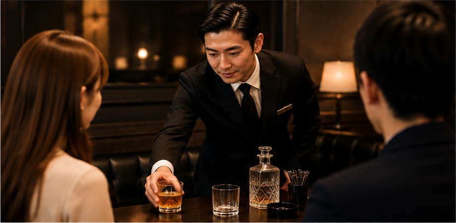お客様とキャストの会話を邪魔しないようテーブルサービスを行う黒服スタッフのイメージ