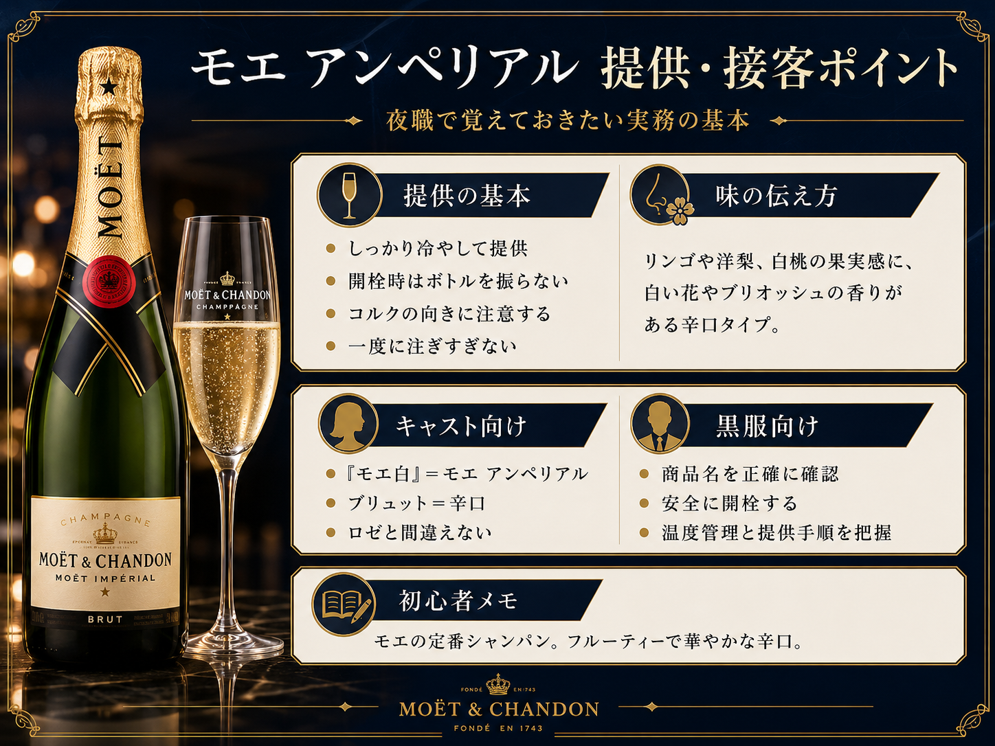 モエ アンペリアルの冷却・開栓・注ぎ方・キャストと黒服の接客ポイントをまとめた図解