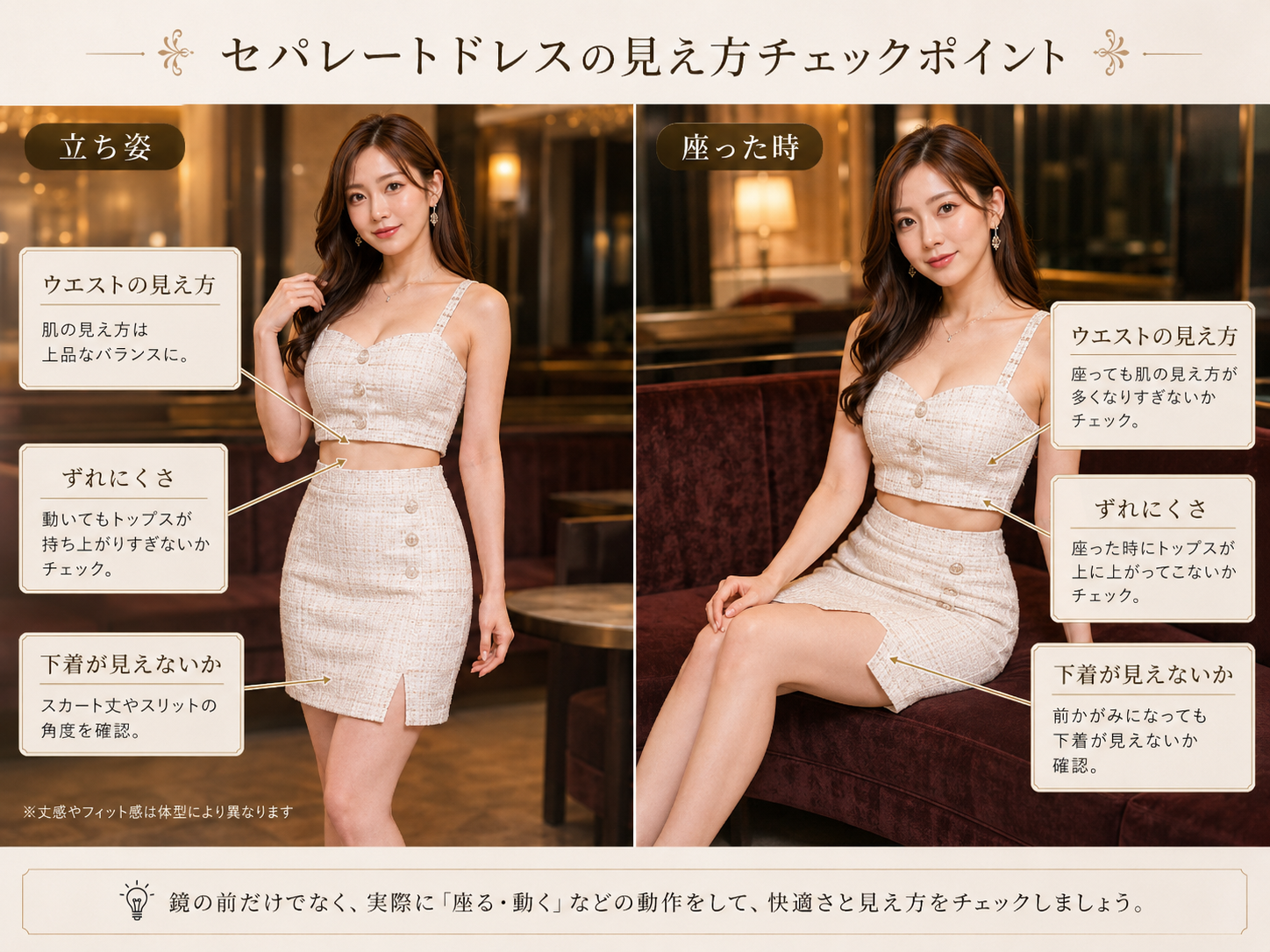セパレートドレスを立った時と座った時で比較しウエストや丈の見え方を確認する画像
