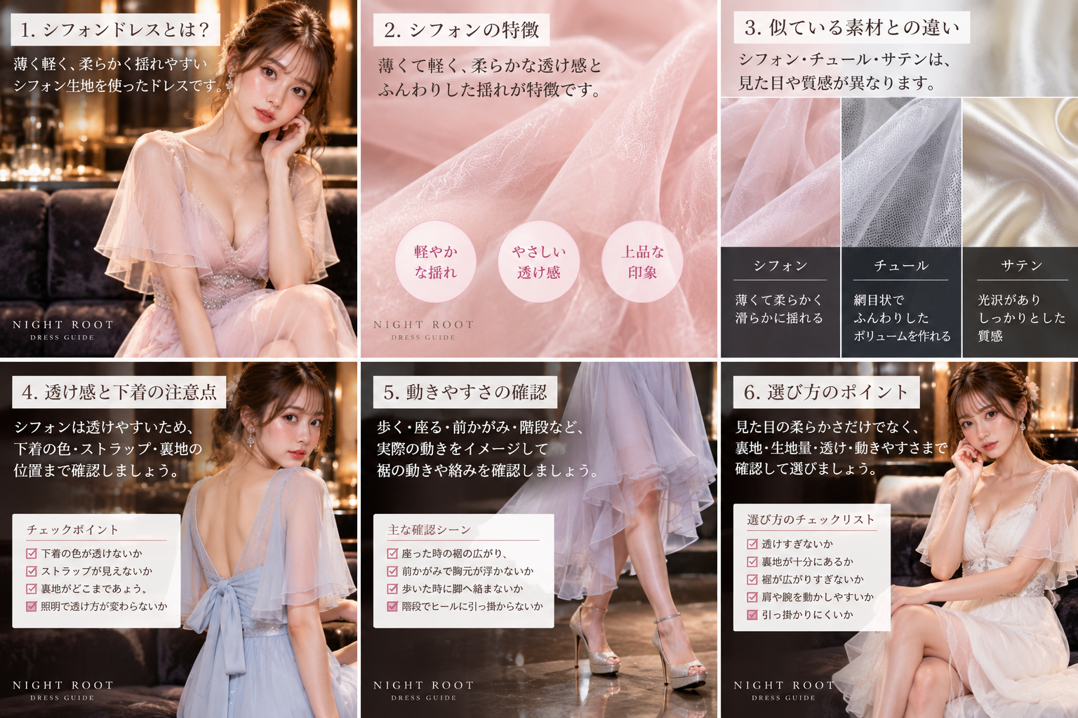 シフォンドレスの透け感・裏地丈・下着の見え方を確認するポイントを解説した図解