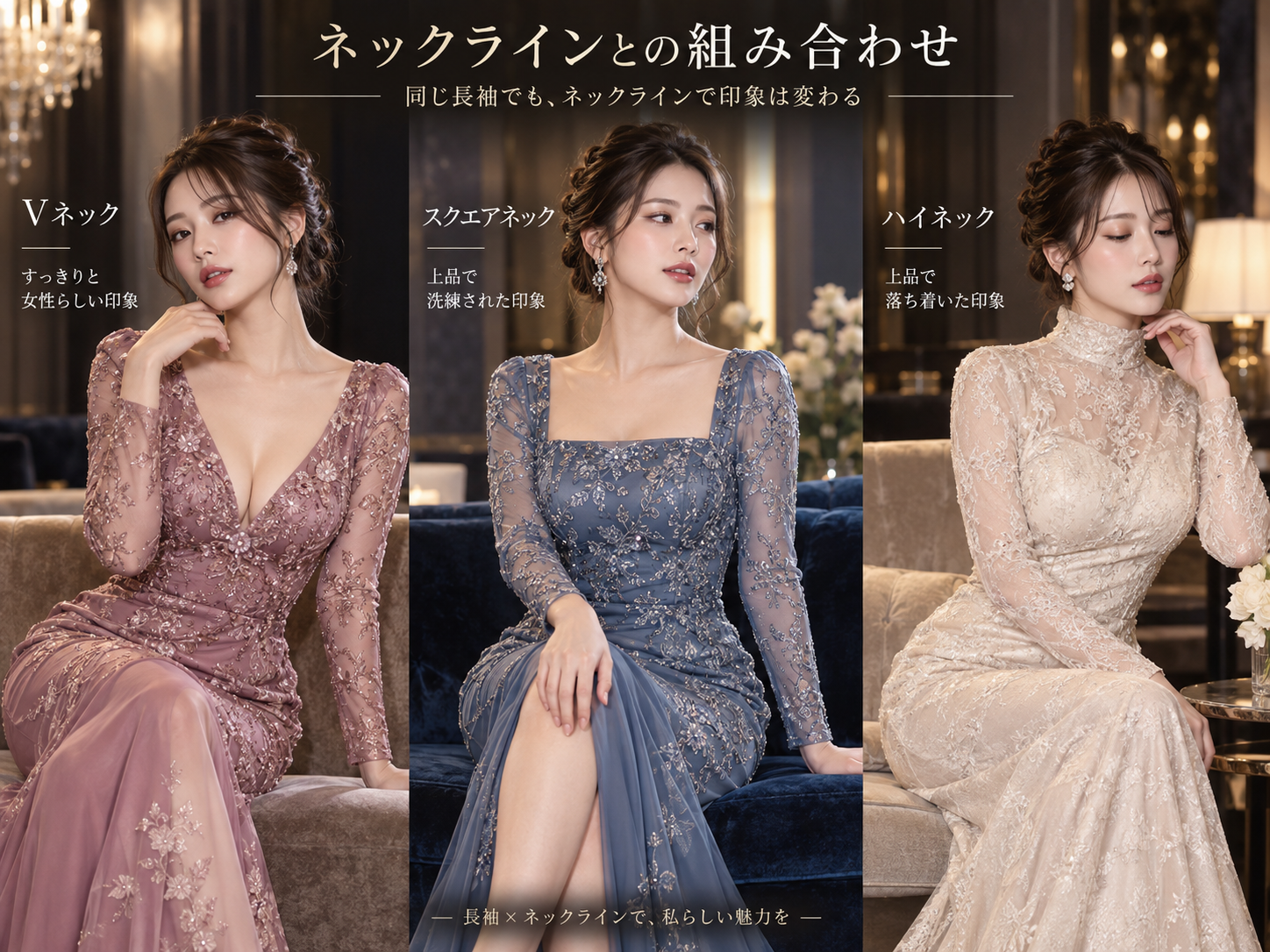 長袖ドレスの肩線・二の腕の袖幅・袖口デザインによる見え方と選び方を解説した図解