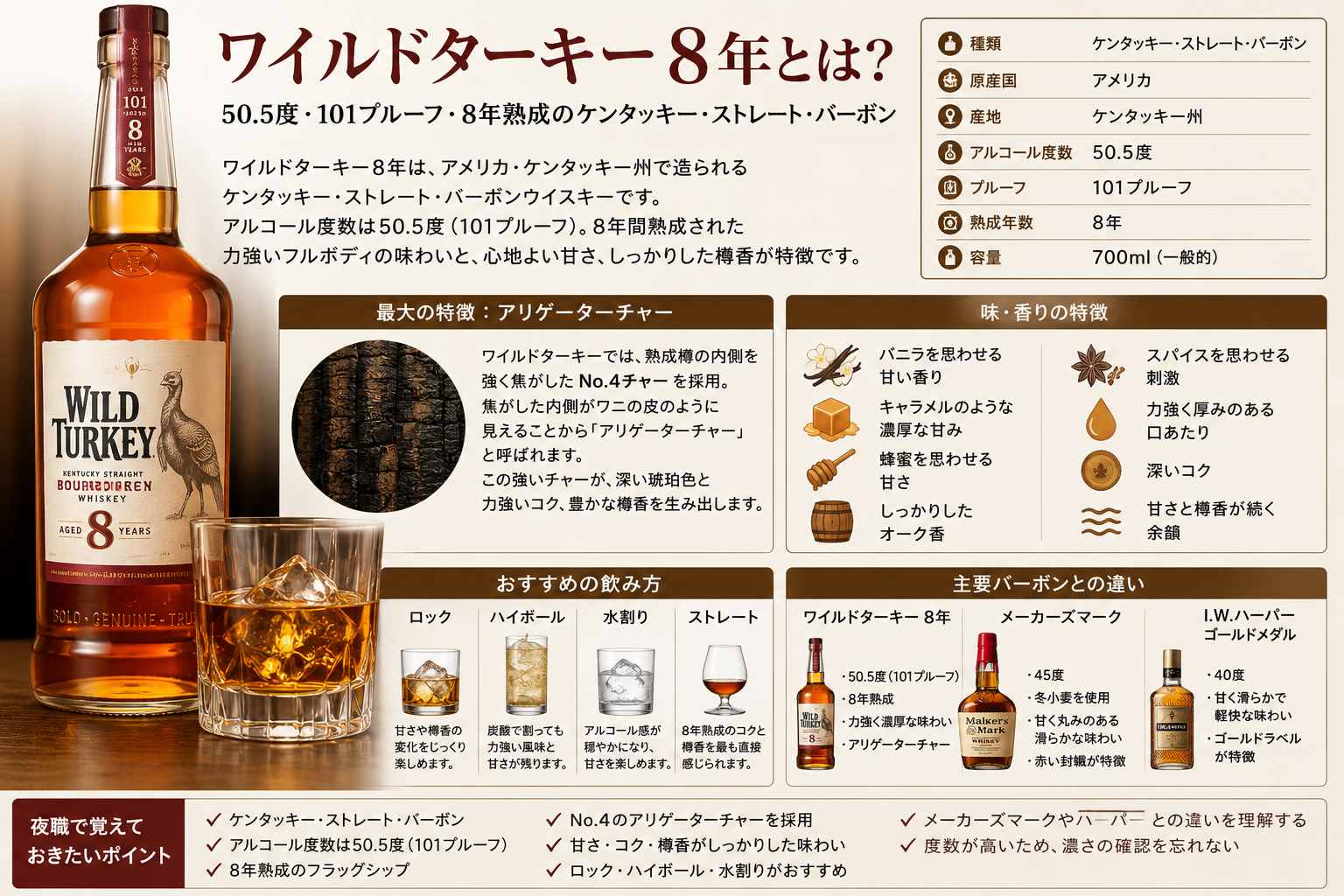 ワイルドターキー8年の50.5度・101プルーフ・8年熟成・アリゲーターチャー・味と香り・おすすめの飲み方をまとめた図解