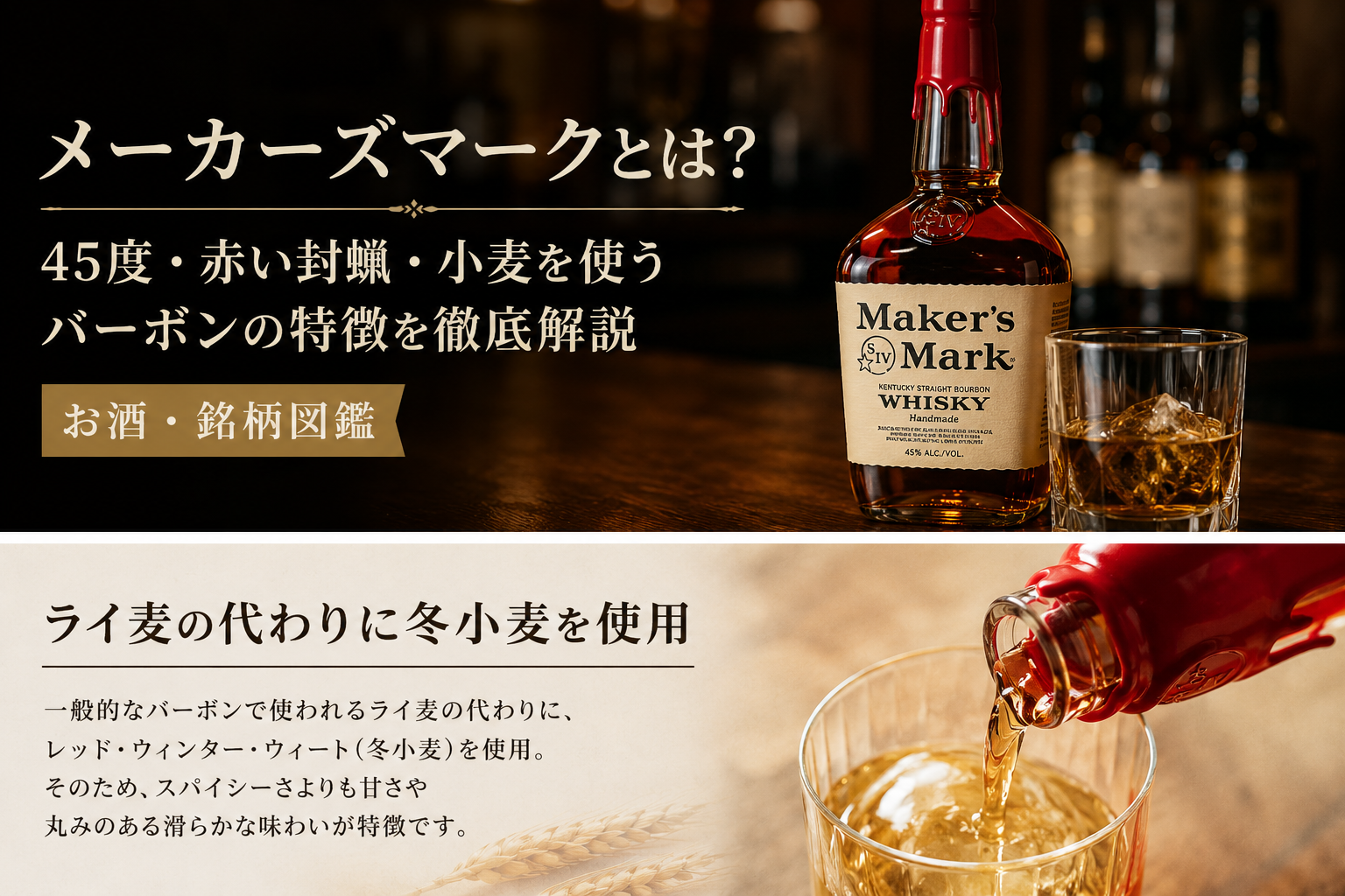 メーカーズマークの45度・赤い封蝋・冬小麦を使うバーボンの特徴をまとめた図解