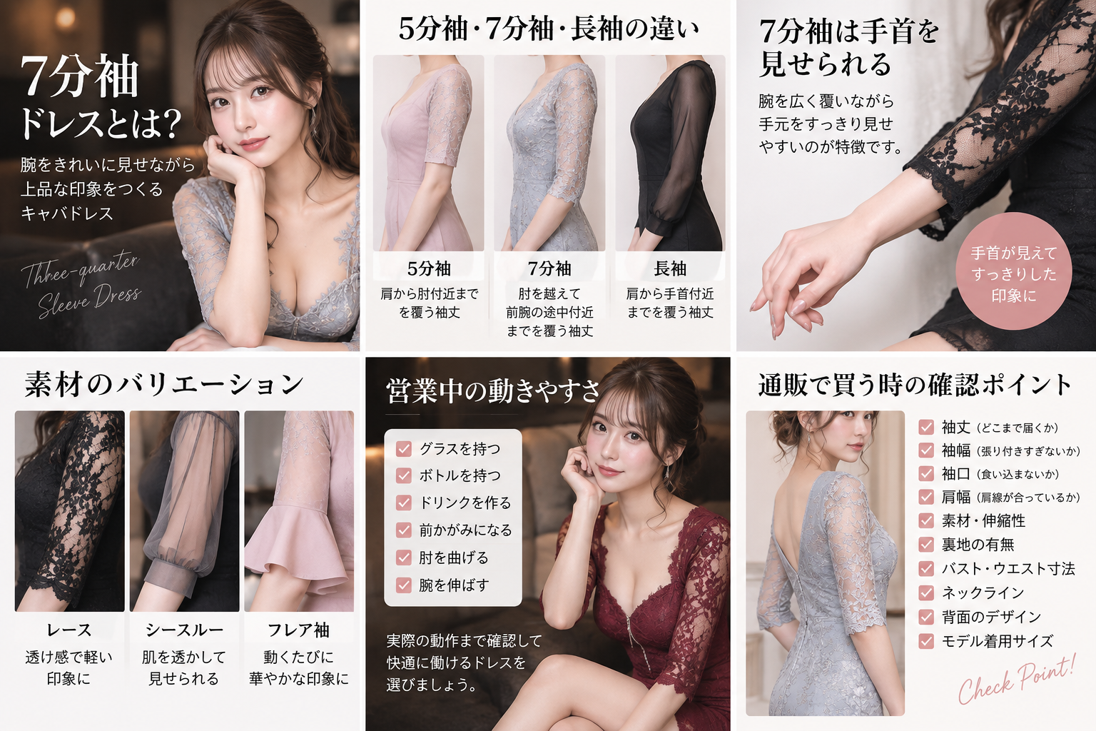 レース・シースルー・フレア袖など7分袖ドレスのデザインバリエーションを比較した図解