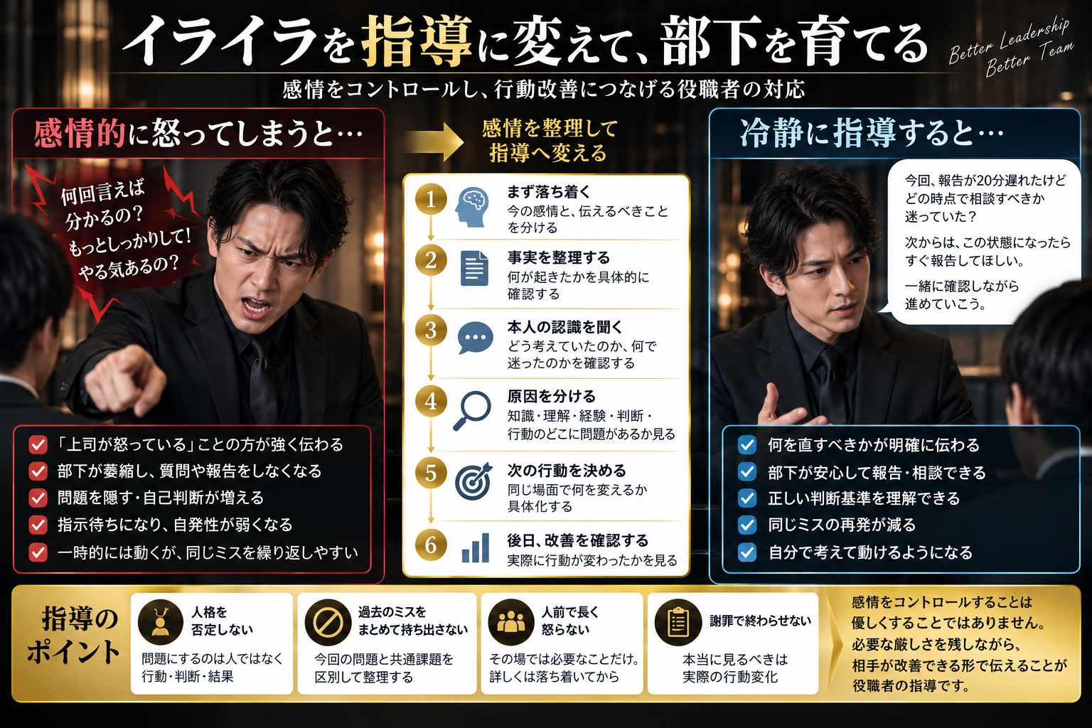 キャバクラの役職者が感情的に怒る状態と、事実確認・原因分析・次の行動・改善確認まで行う冷静な指導の違いを解説した図解