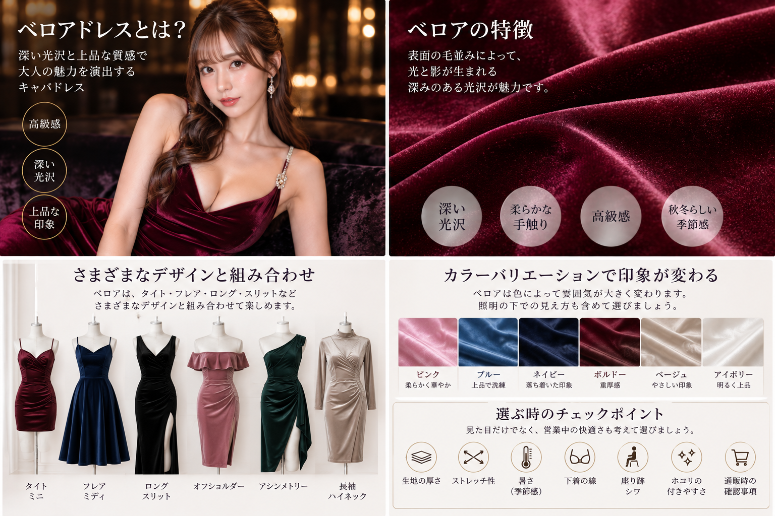 ピンク・ブルー・ネイビー・ボルドー・ベージュ・アイボリーのベロア生地で色と光沢の印象を比較した図解