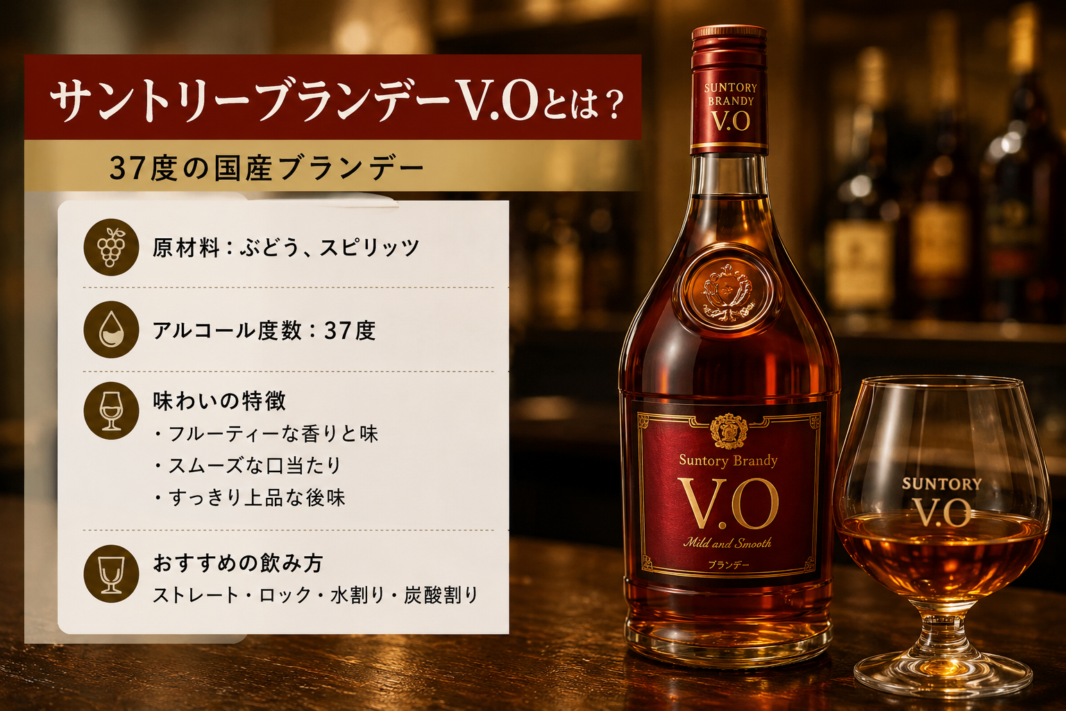サントリーブランデーV.Oの37度・原材料・味わい・おすすめの飲み方をまとめた基本情報図解