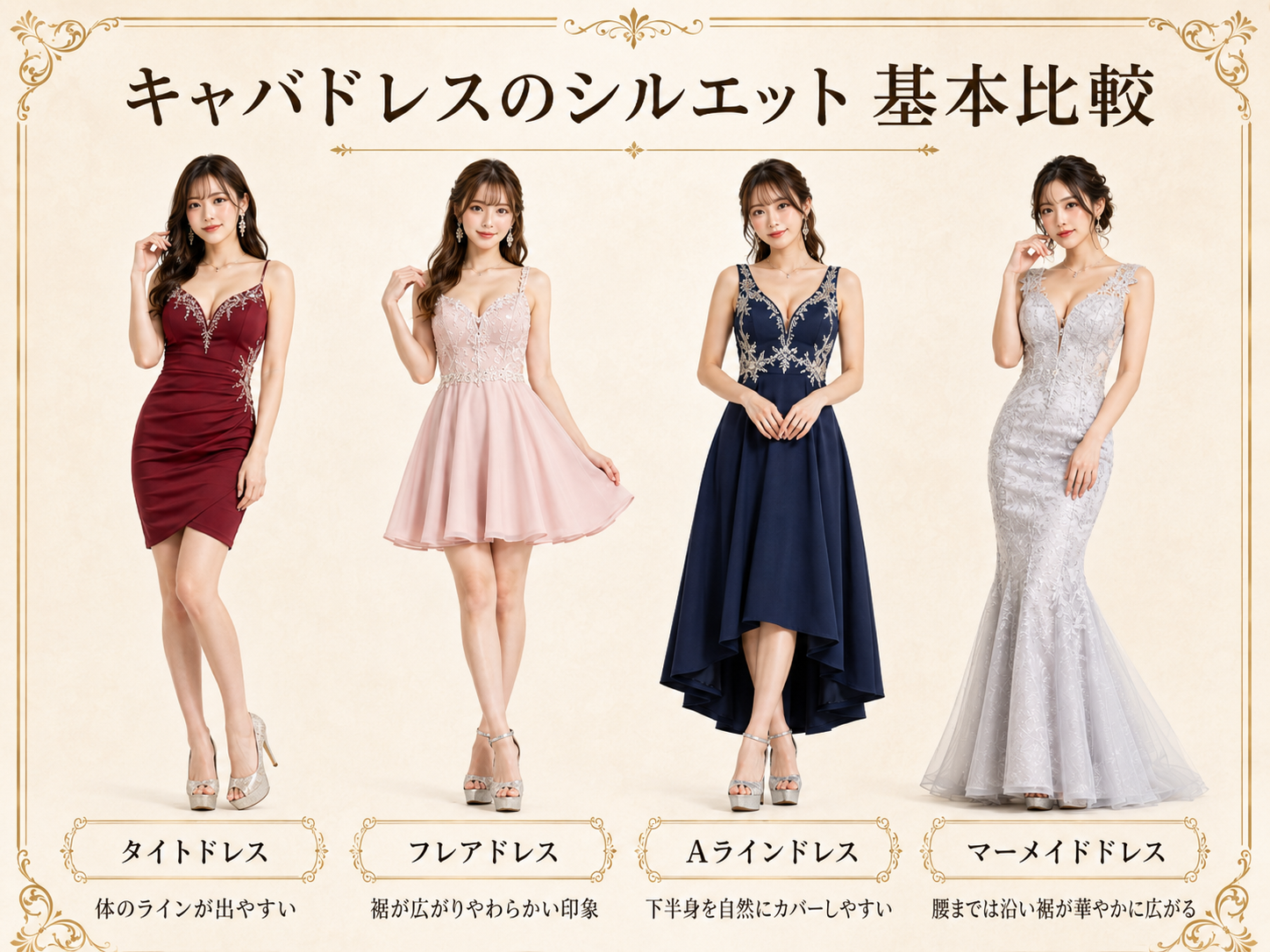 タイトやフレアなどドレスのシルエット別に座る・歩く・立ち上がる時の動きやすさを比較した画像
