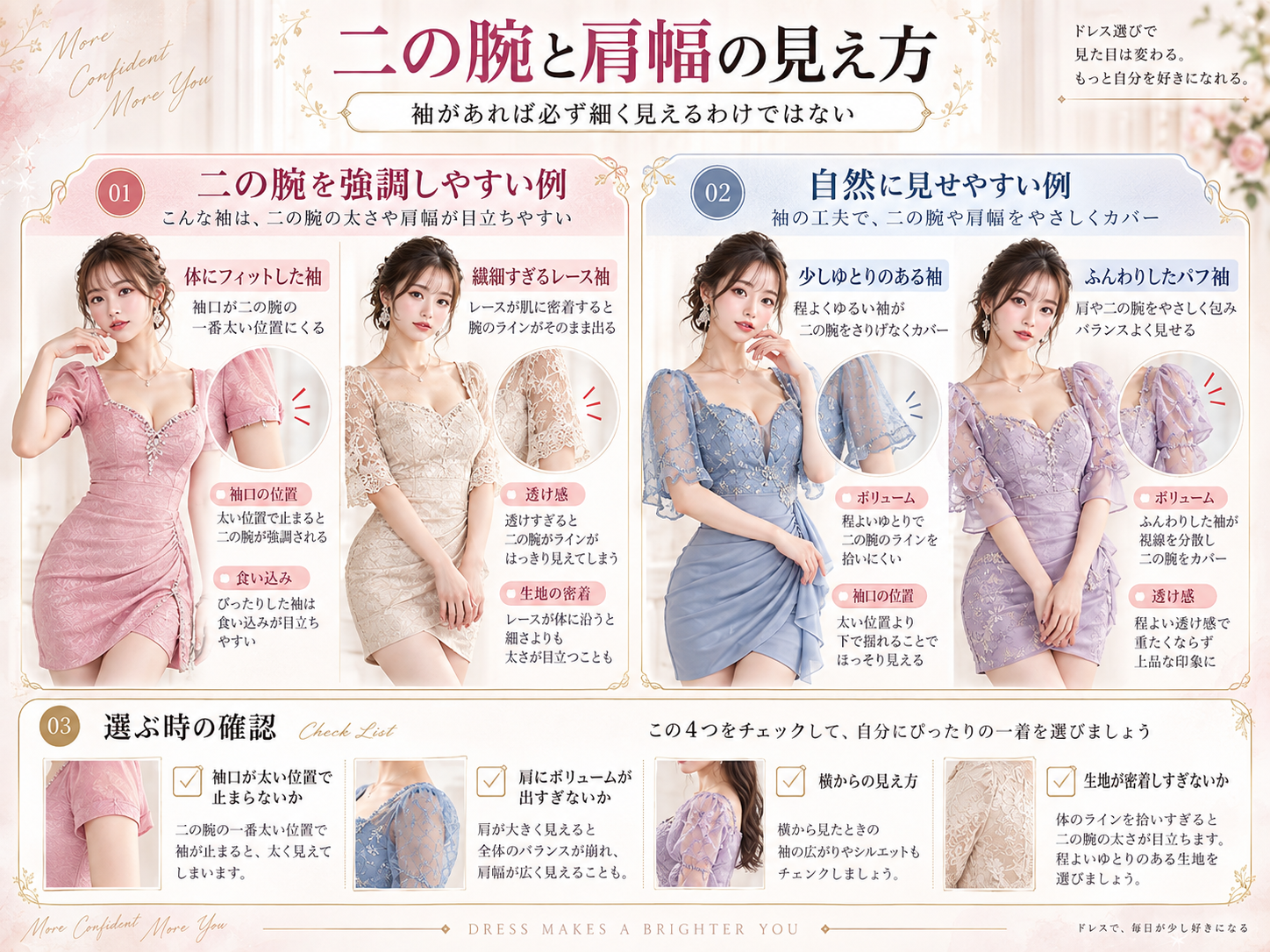 袖ありミニドレスで腕を伸ばす・上げる・ボトルを持つ・身体をひねる時の袖口・脇・裾の動きを確認する画像