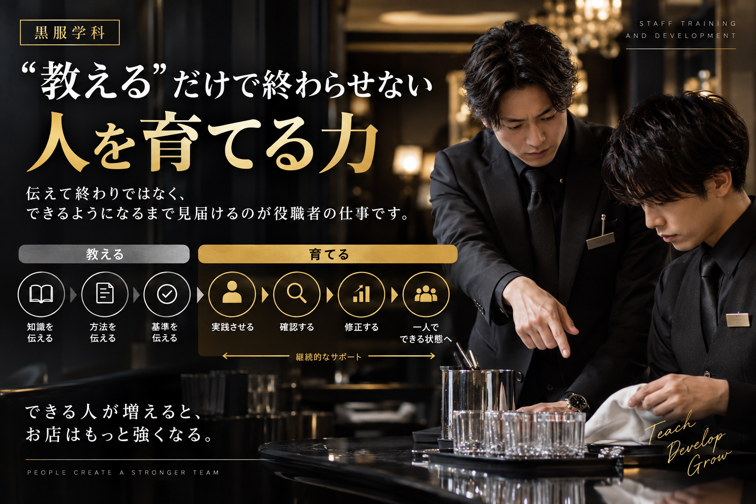 黒服の役職者が後輩へ仕事を教え、実践・確認・修正を通して一人でできる状態まで育てる違いを示した人材育成の図解