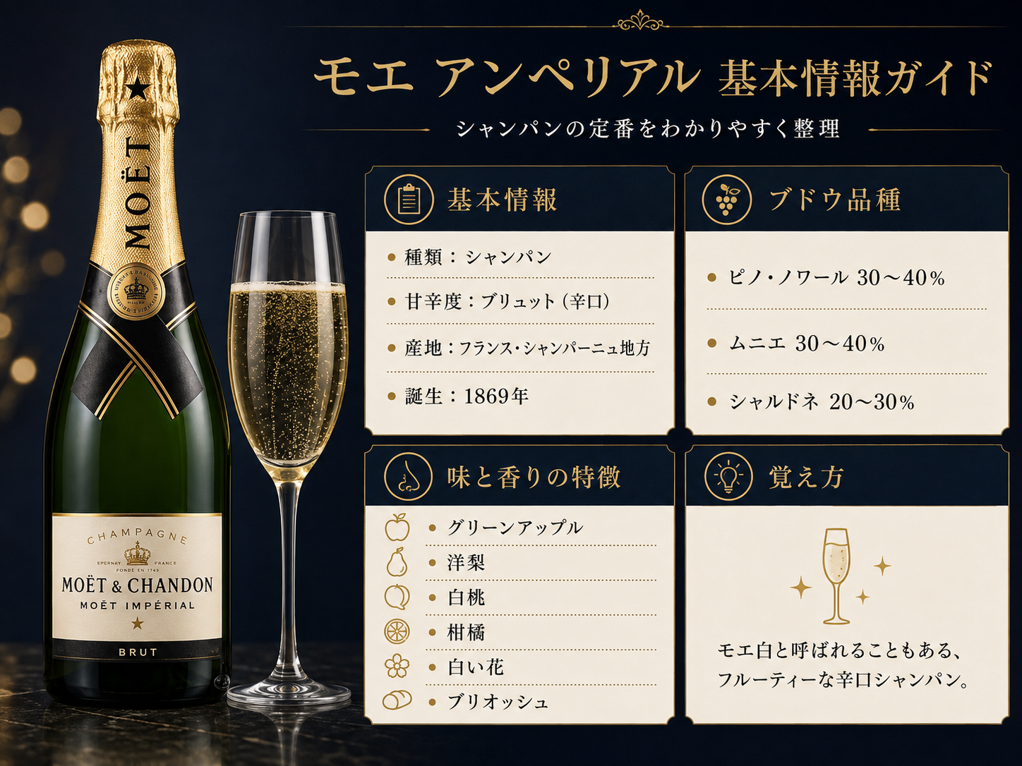 モエ アンペリアルの基本情報・ブドウ品種・味と香り・夜職での覚え方をまとめた図解