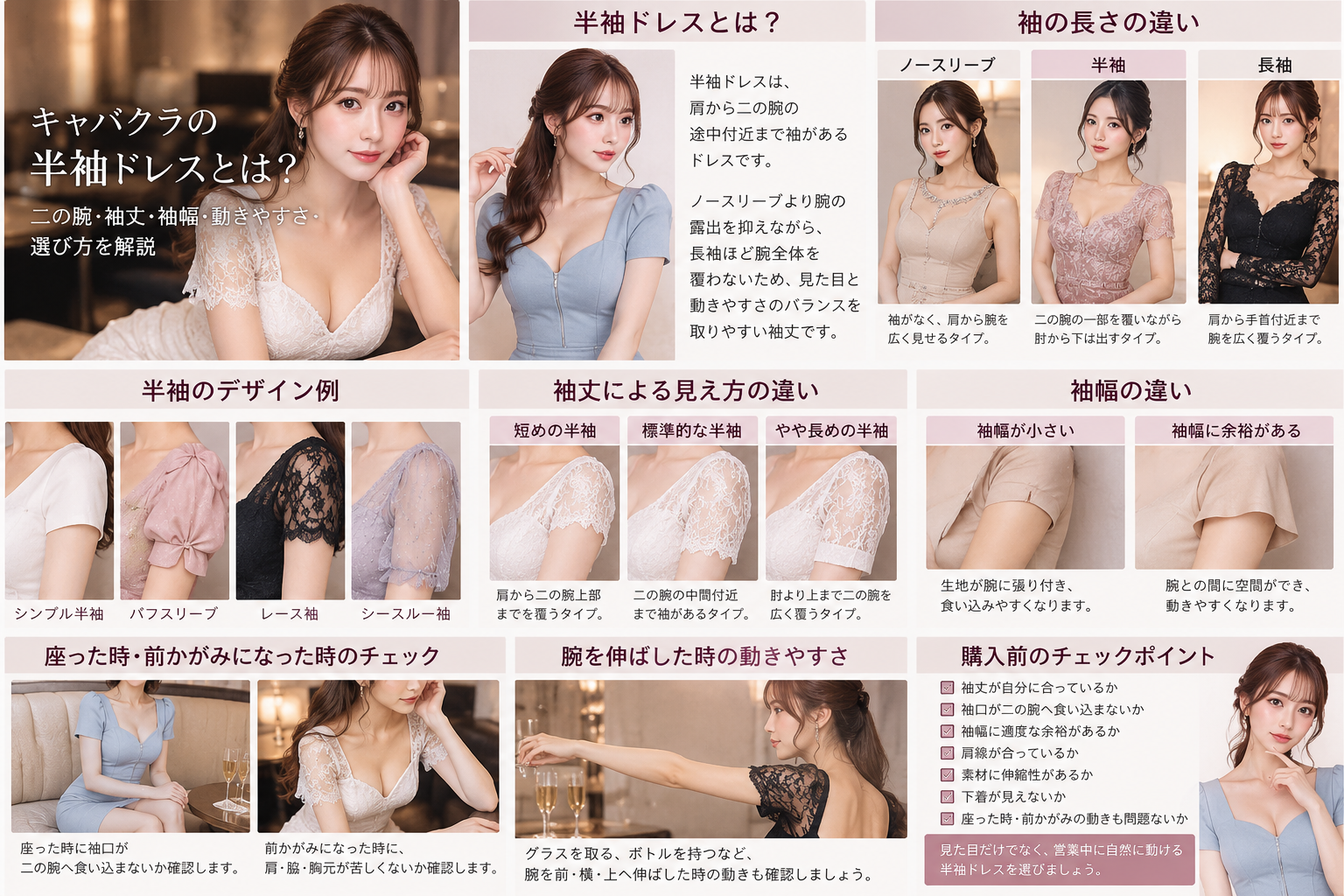 シンプル半袖・パフスリーブ・レース袖・シースルー袖・フレア袖のデザイン比較