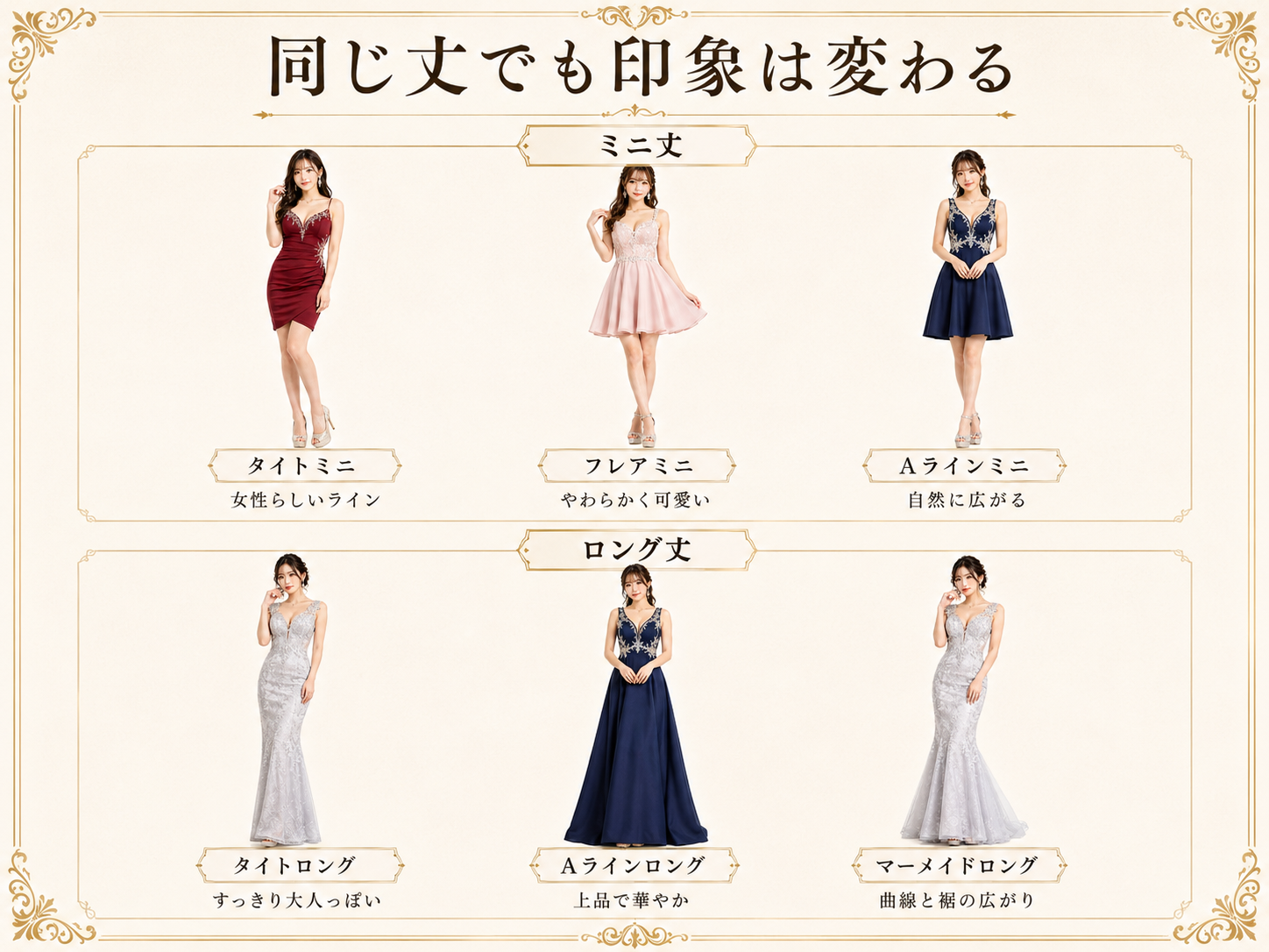 ミニ丈でもタイト・フレア・Aラインなどシルエットによって印象が変わることを比較した画像