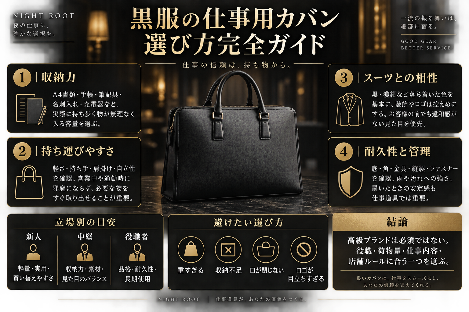 黒服の仕事用カバンの選び方をまとめた図解