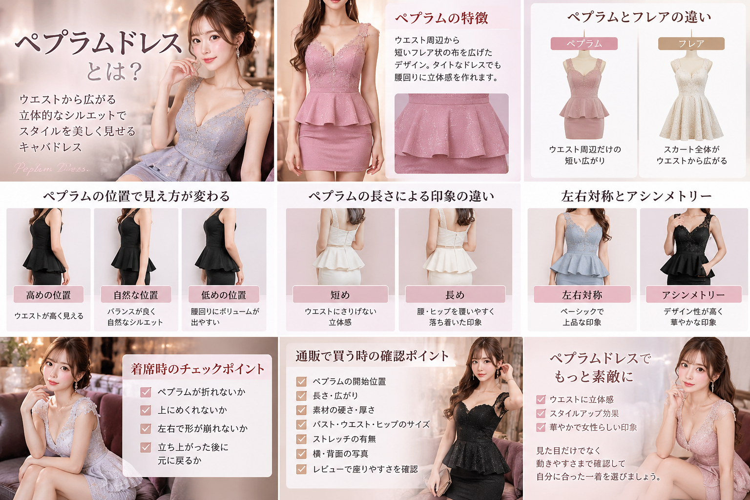 ペプラムドレスを通販で購入する時に確認したい位置・長さ・広がり・素材・サイズ・側面背面写真・レビューのチェックポイント
