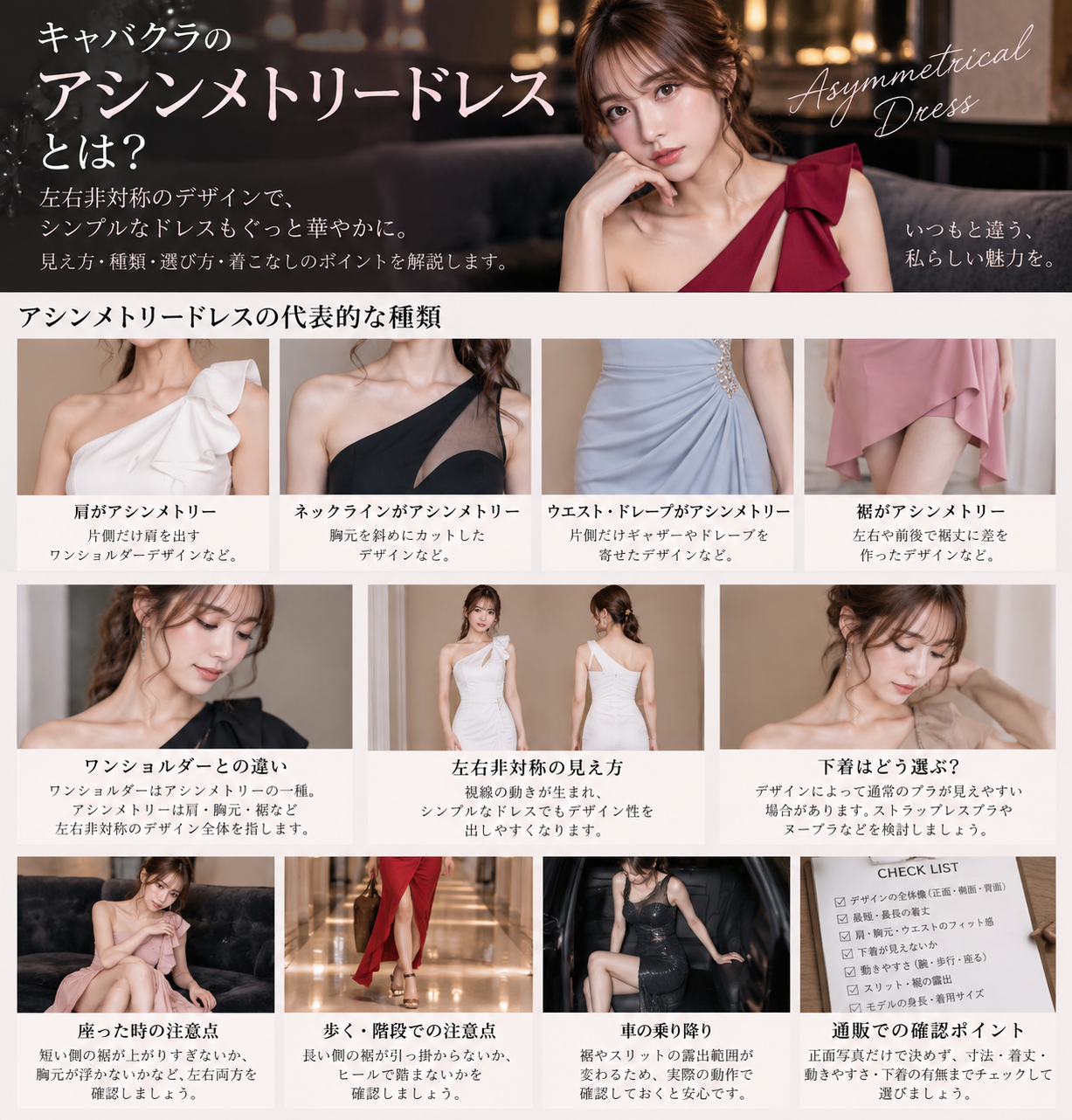 左右対称ドレスとアシンメトリードレスで視線の流れやシルエットがどう変わるかを比較した図解
